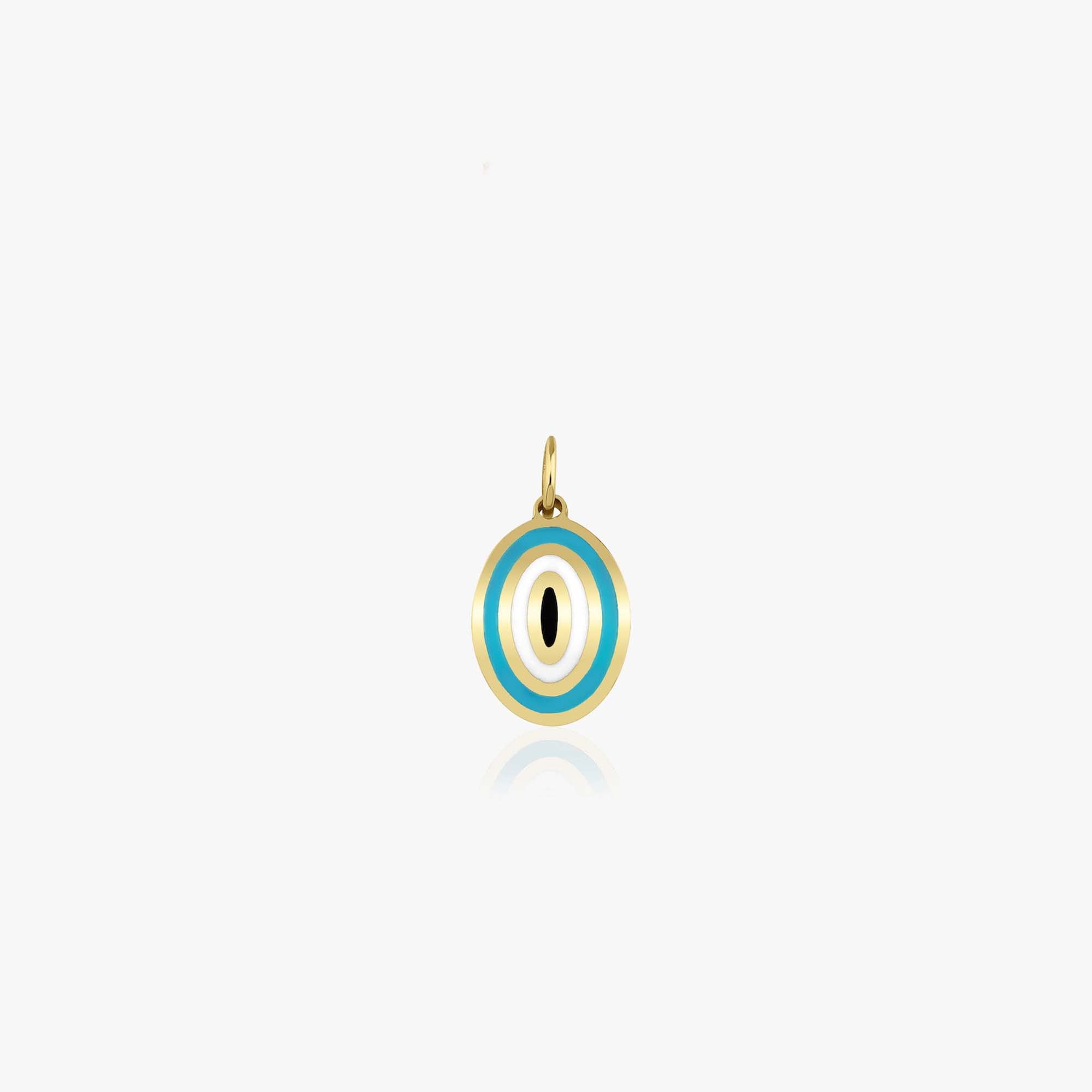 An Oval shaped 14k yellow gold evil eye pendant with turquoise color enamel work shown on a white background.