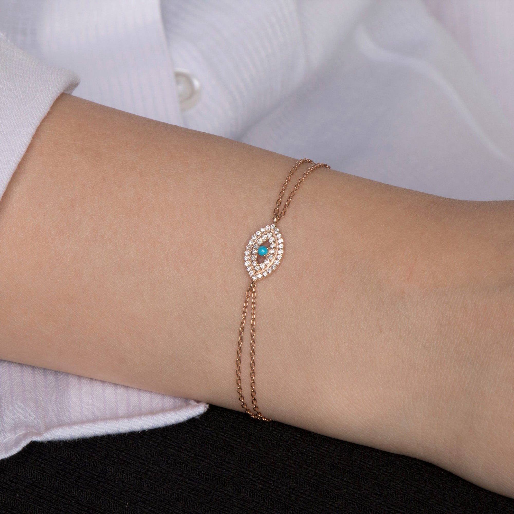 Turquoise and Diamond Evil Eye Bracelet in 14K Gold