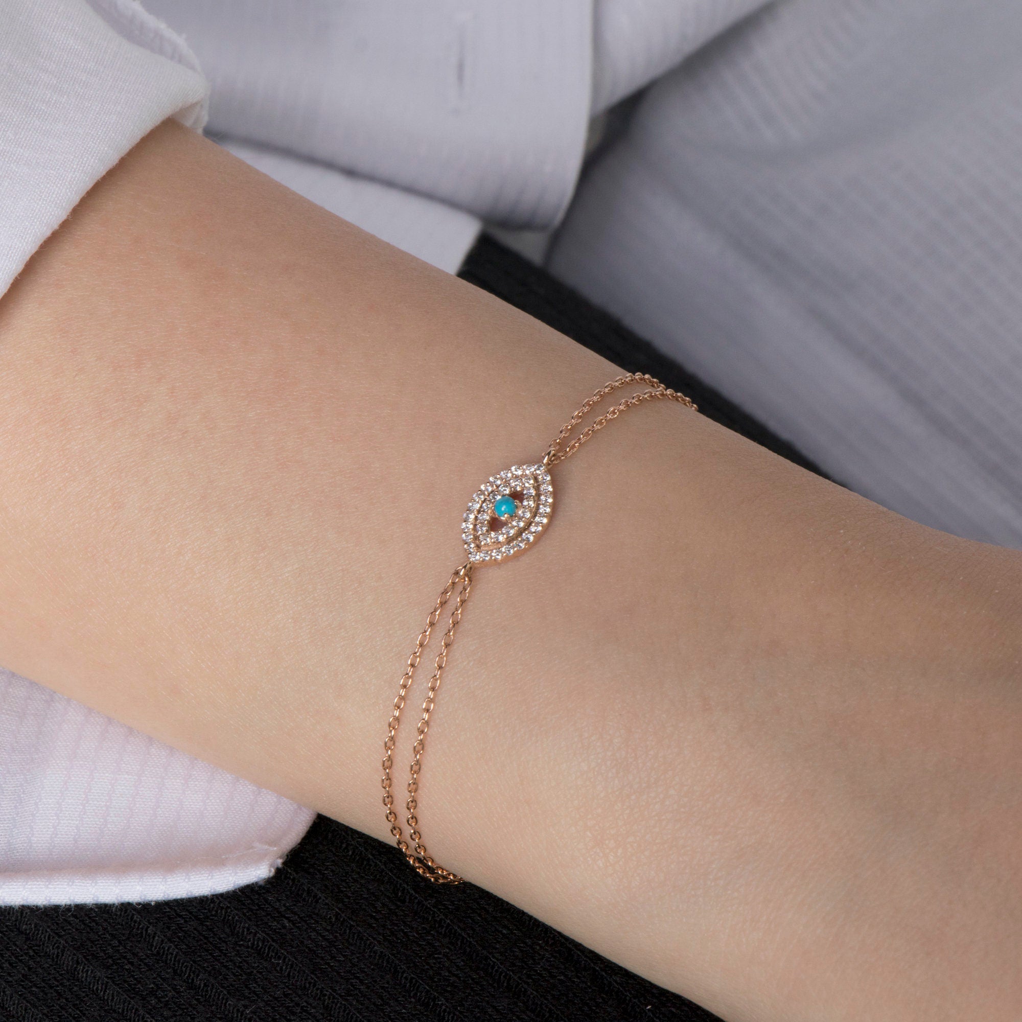 Turquoise and Diamond Evil Eye Bracelet in 14K Gold