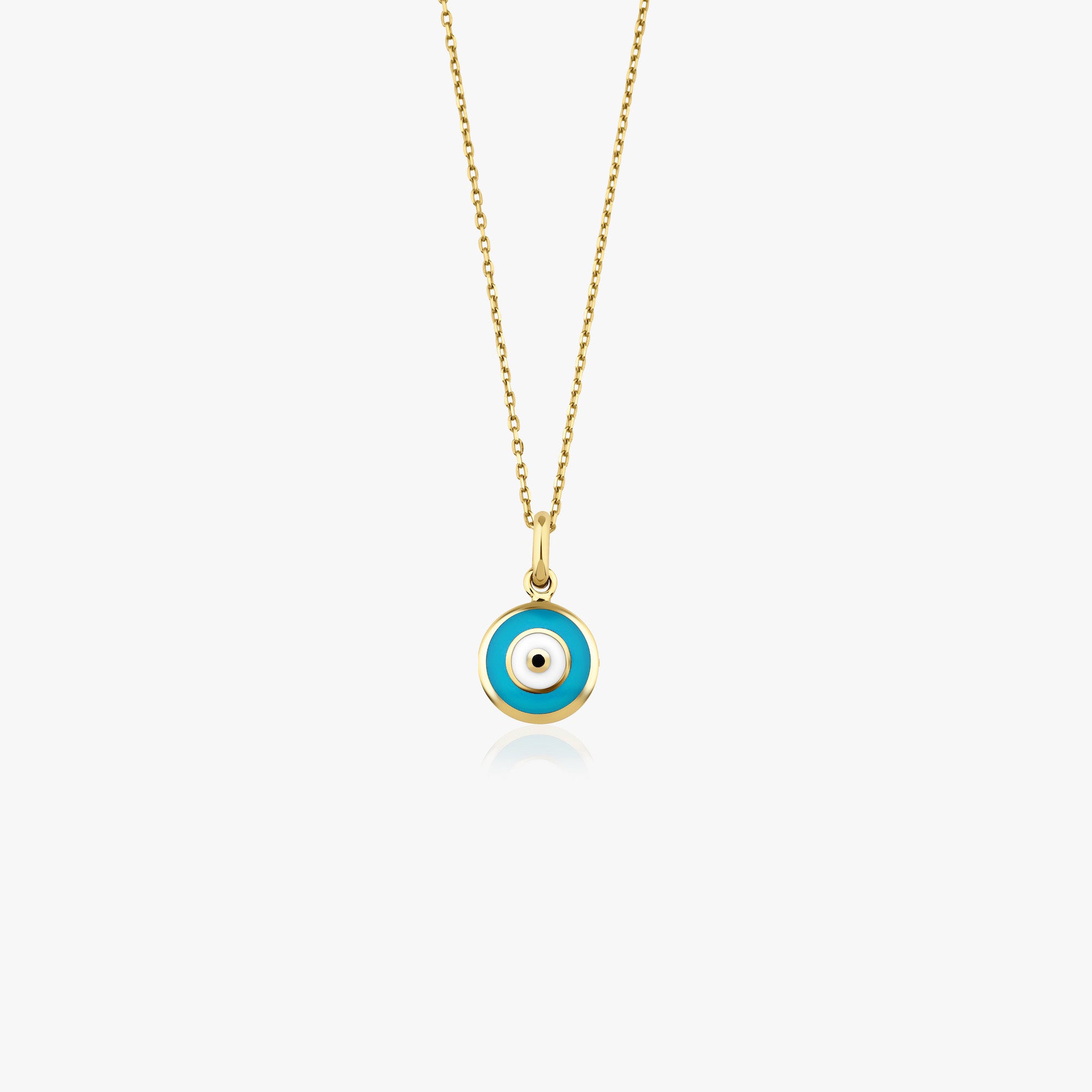 A turquoise evil eye pendant necklace in 14K yellow gold, displayed against a white background.