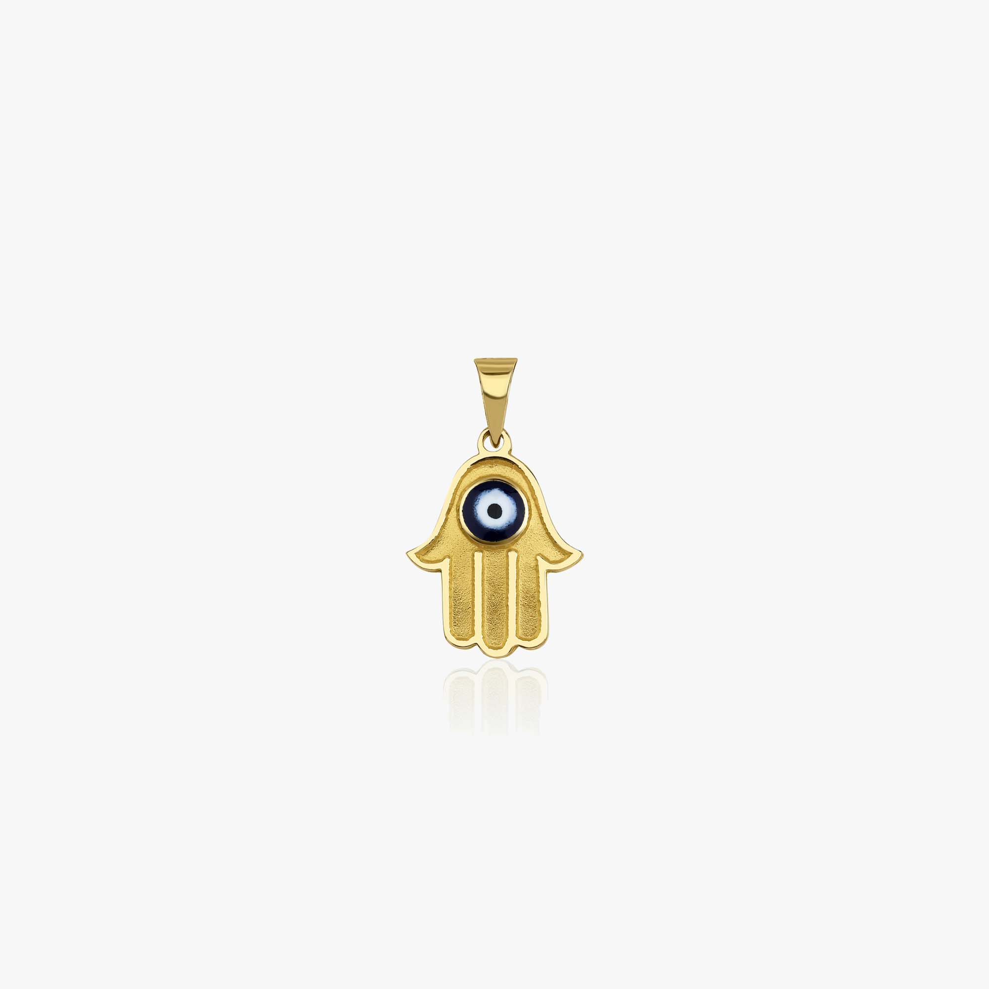 Vintage Gold Hamsa hand pendant with a navy blue evil eye center on a white background
