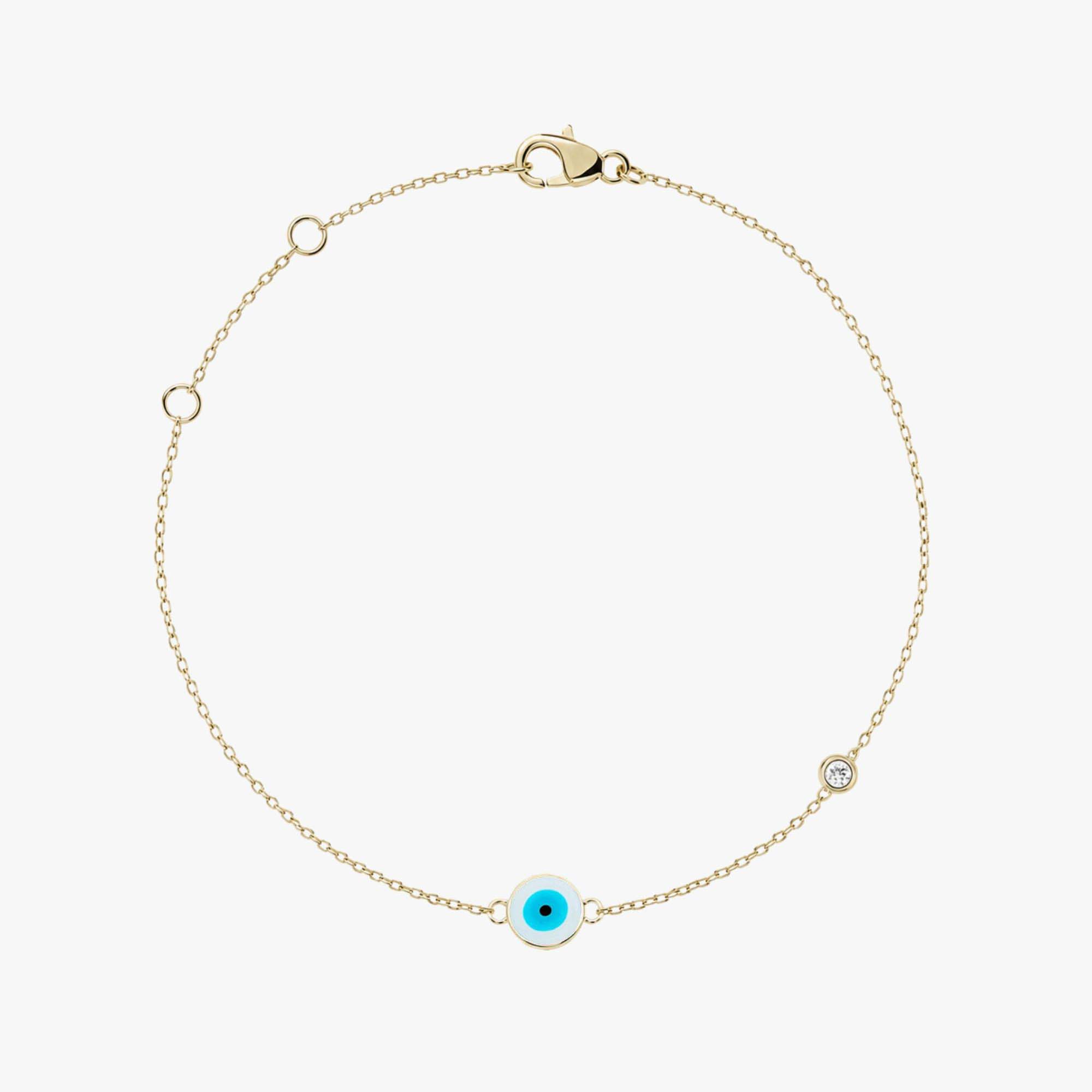 Minimal Diamond Evil Eye Bracelet in 14K Gold / White