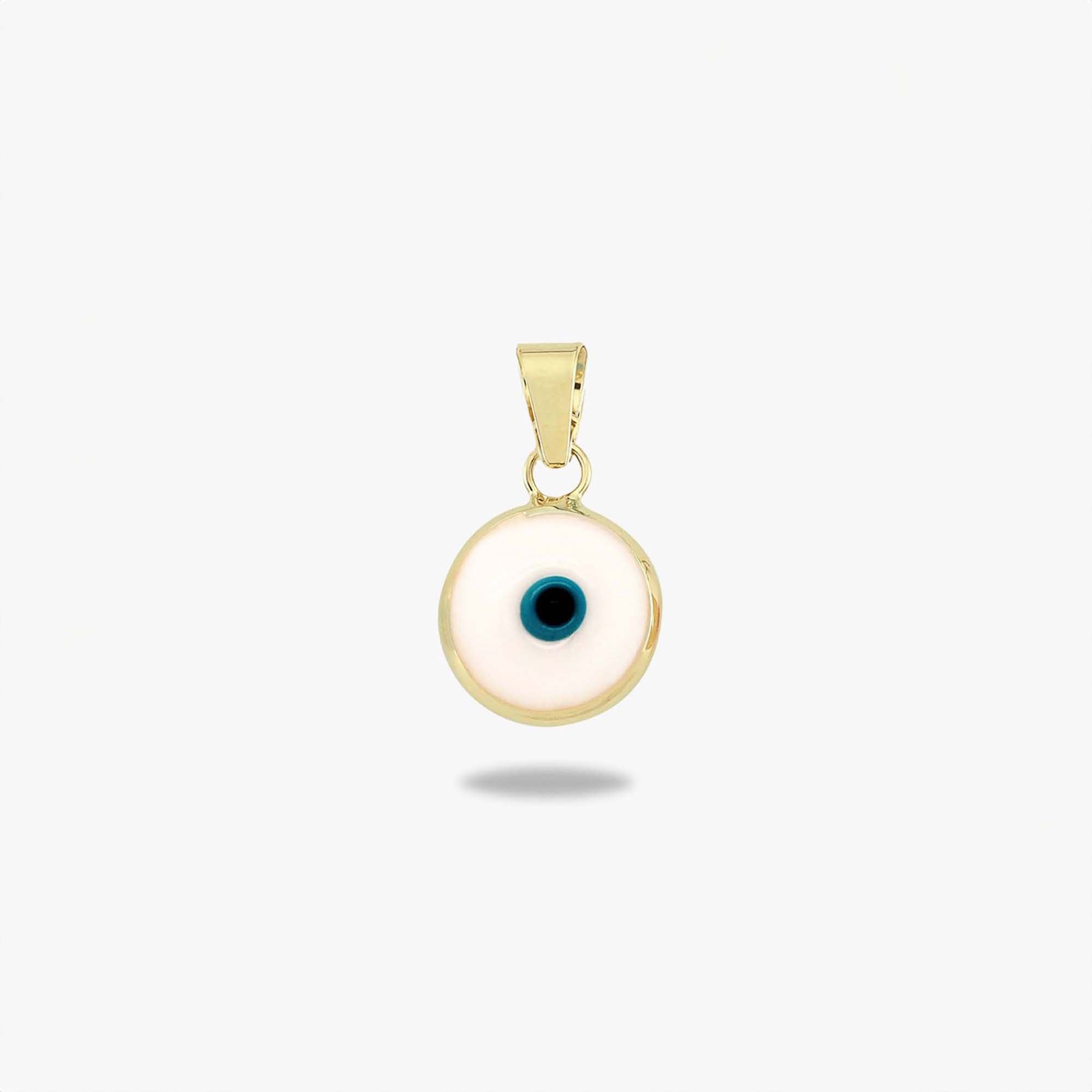 A 14k yellow gold white evil eye pendant shown on a white background