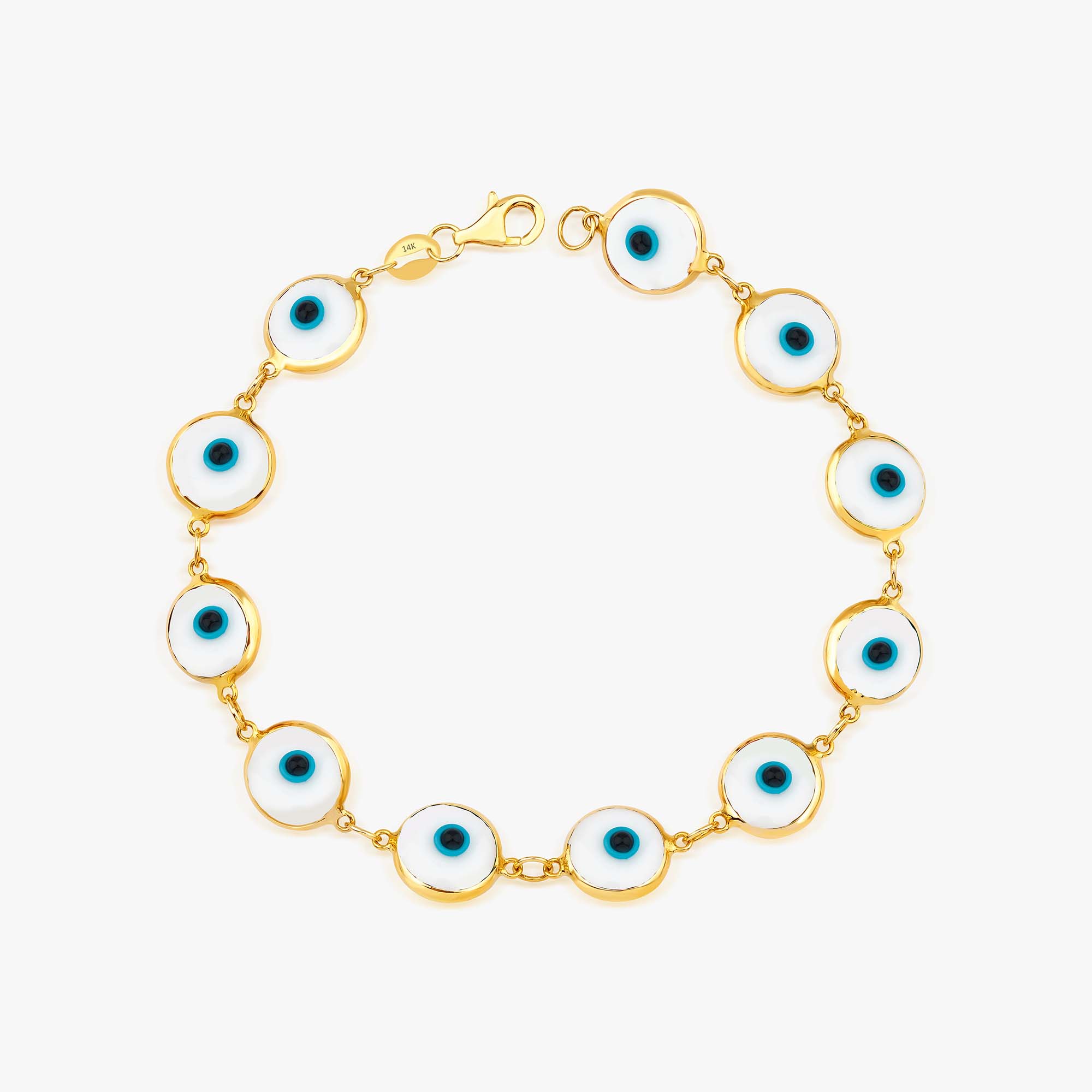 Gold bracelet with eye-shaped charms on a white background