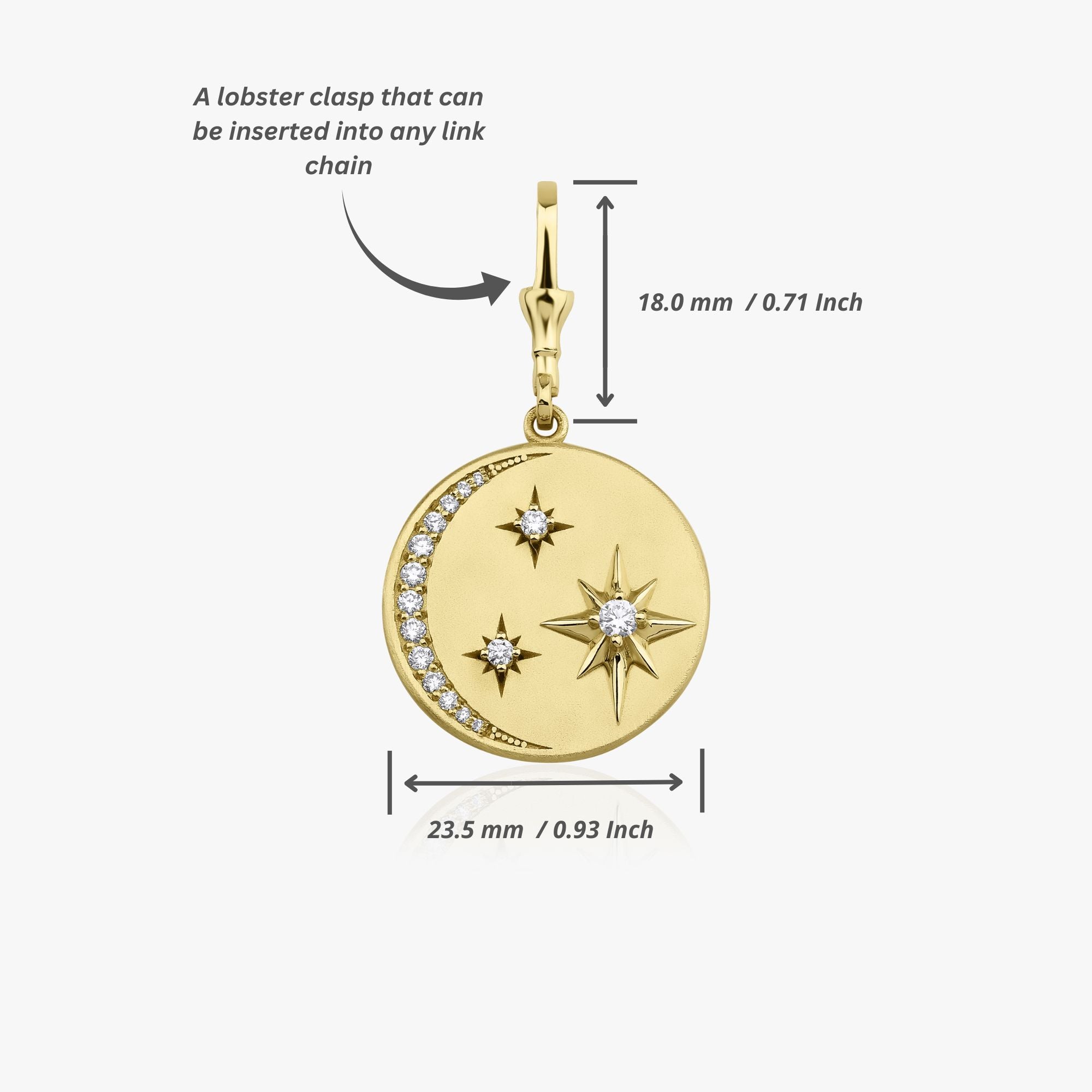 Crescent Moon and North Star Medallion Pendant Available in 14K and 18K Gold