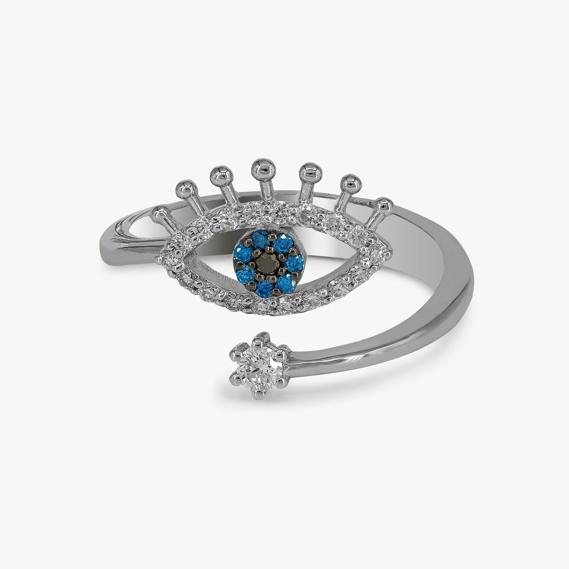Greek Evil Eye Ring With Blue, Black and White Diamonds In 14K Gold