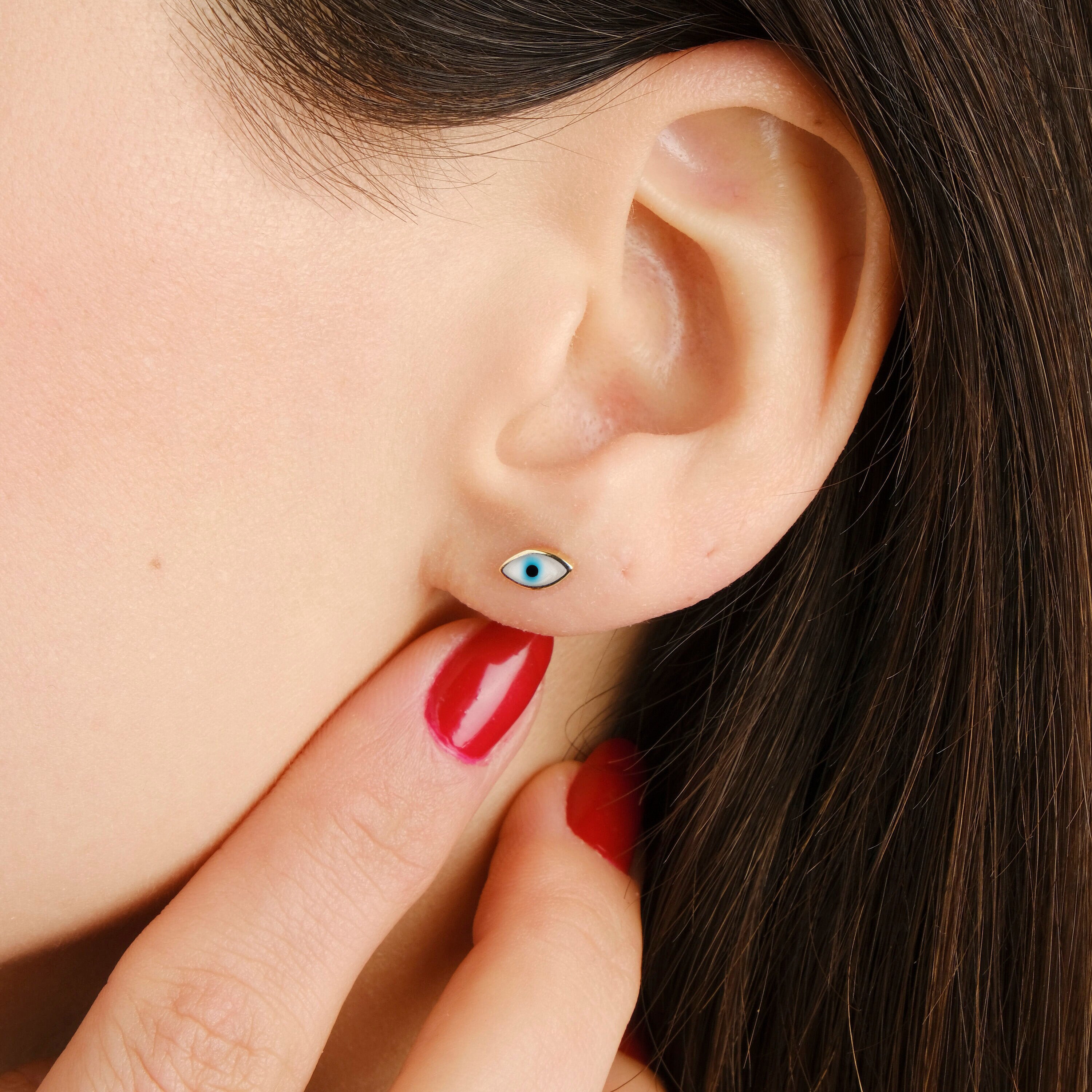 Mini White Blue Evil Eye Stud Earrings in 14K Gold