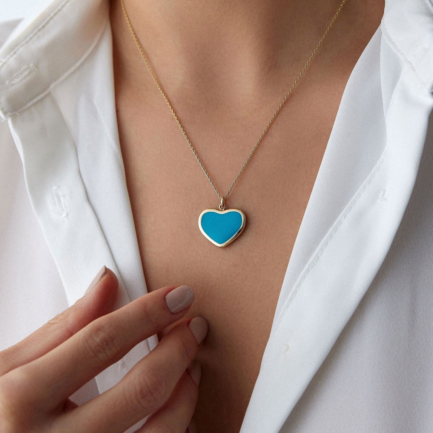 Large Ocean Blue Heart Necklace in 14K Gold