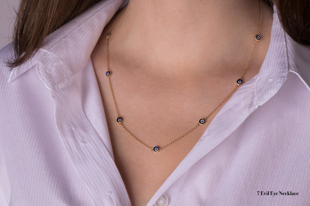 14K Gold Navy Blue Evil Eye Necklaces / Golden Protection