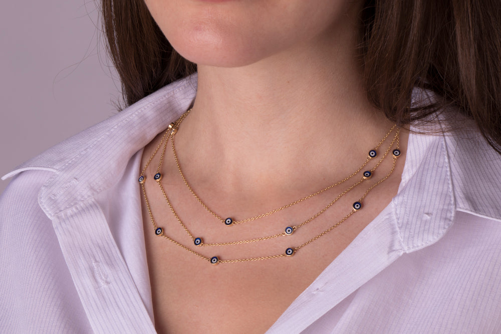 14K Gold Navy Blue Evil Eye Necklaces / Golden Protection