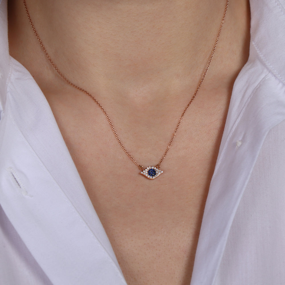 14K Gold Blue Sapphire and Diamond Evil Eye Necklace / Protection For Me