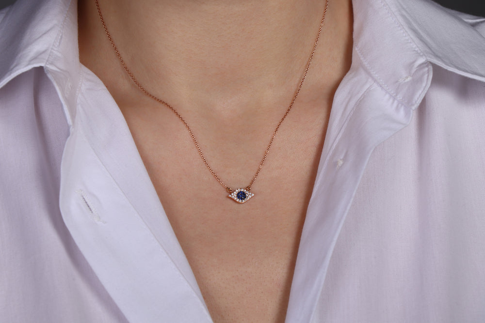 14K Gold Blue Sapphire and Diamond Evil Eye Necklace / Protection For Me