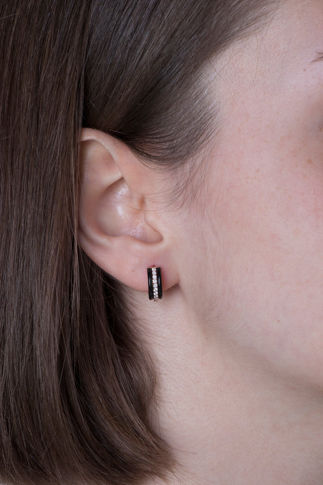 14K Gold Diamond Black Enamel Earrings - Chocolate Cake