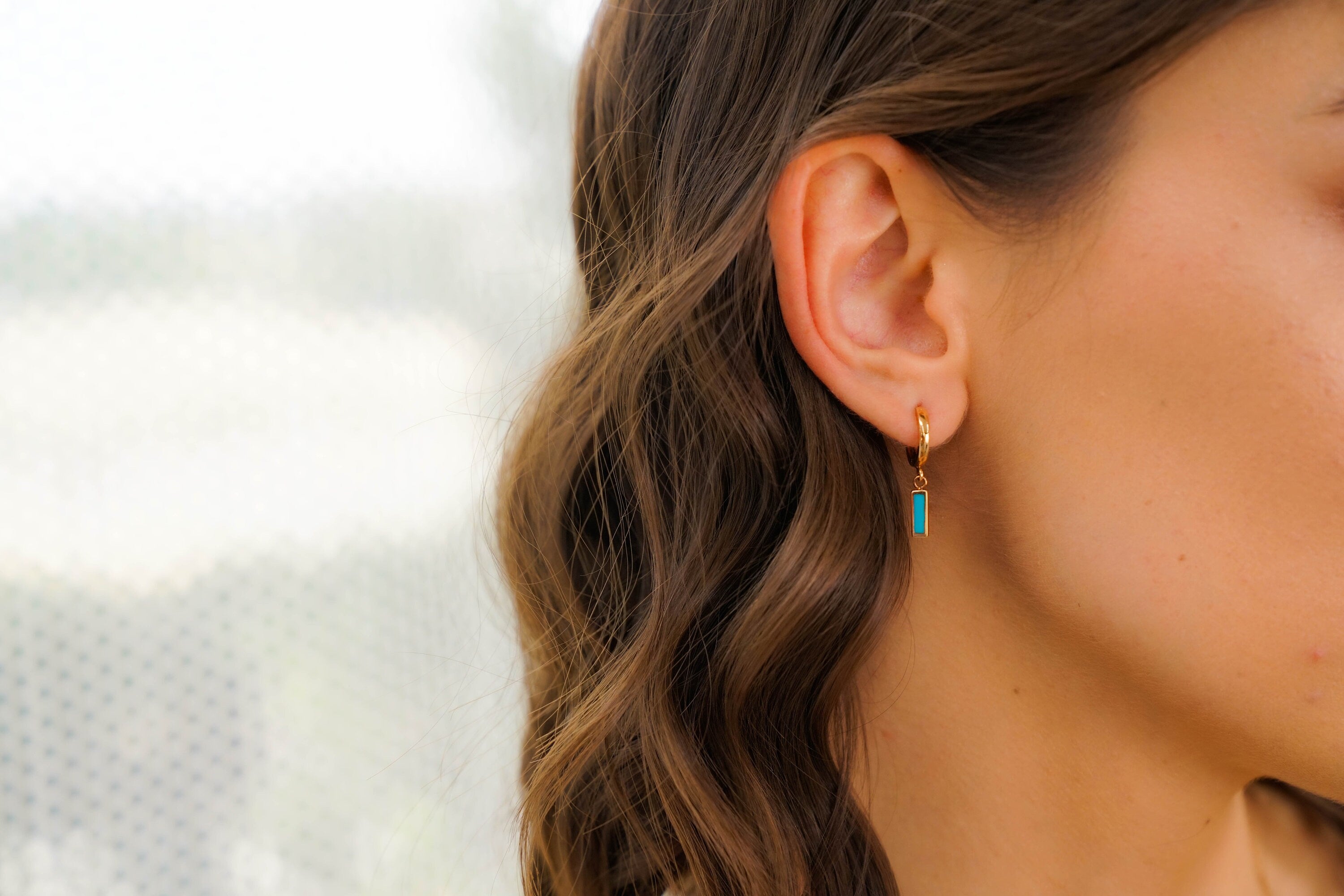 Turquoise Color Dangle Hoop Earrings in 14K Gold