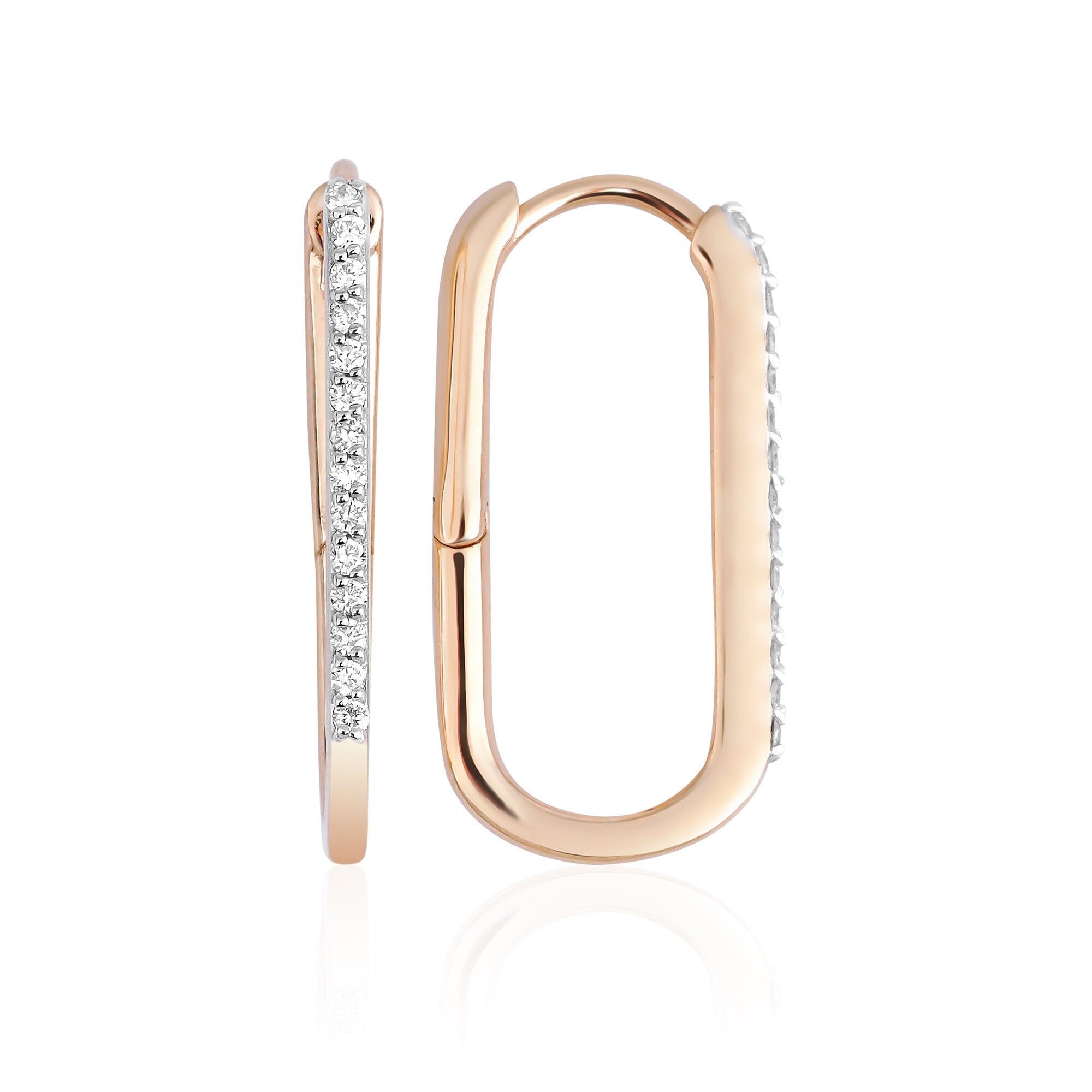 Diamond Rectangle Hoop Earrings Available in 14K and 18K Gold