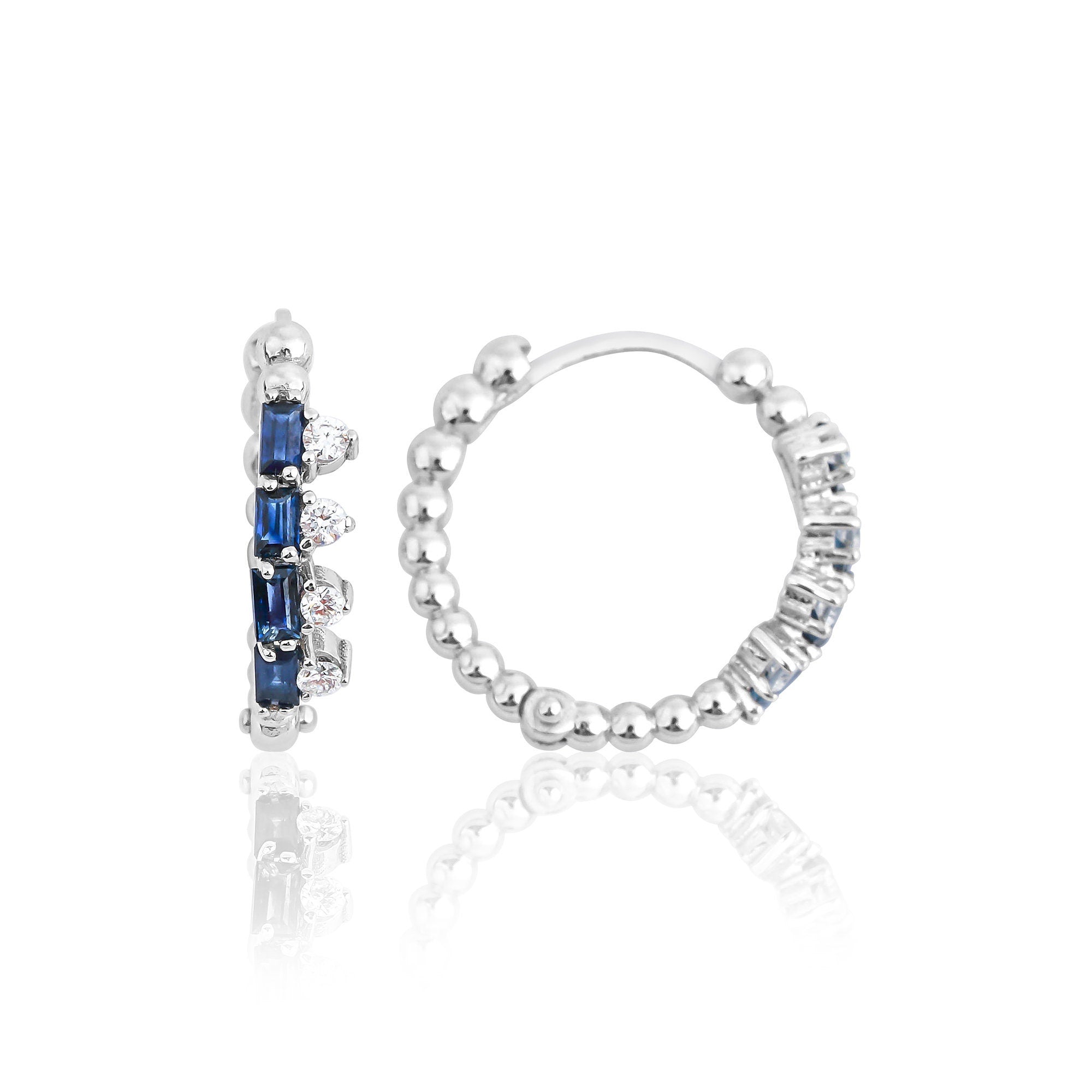 Baguette Cut Sapphire and Round Cut Diamond Hoop Earrings in 14K White Gold