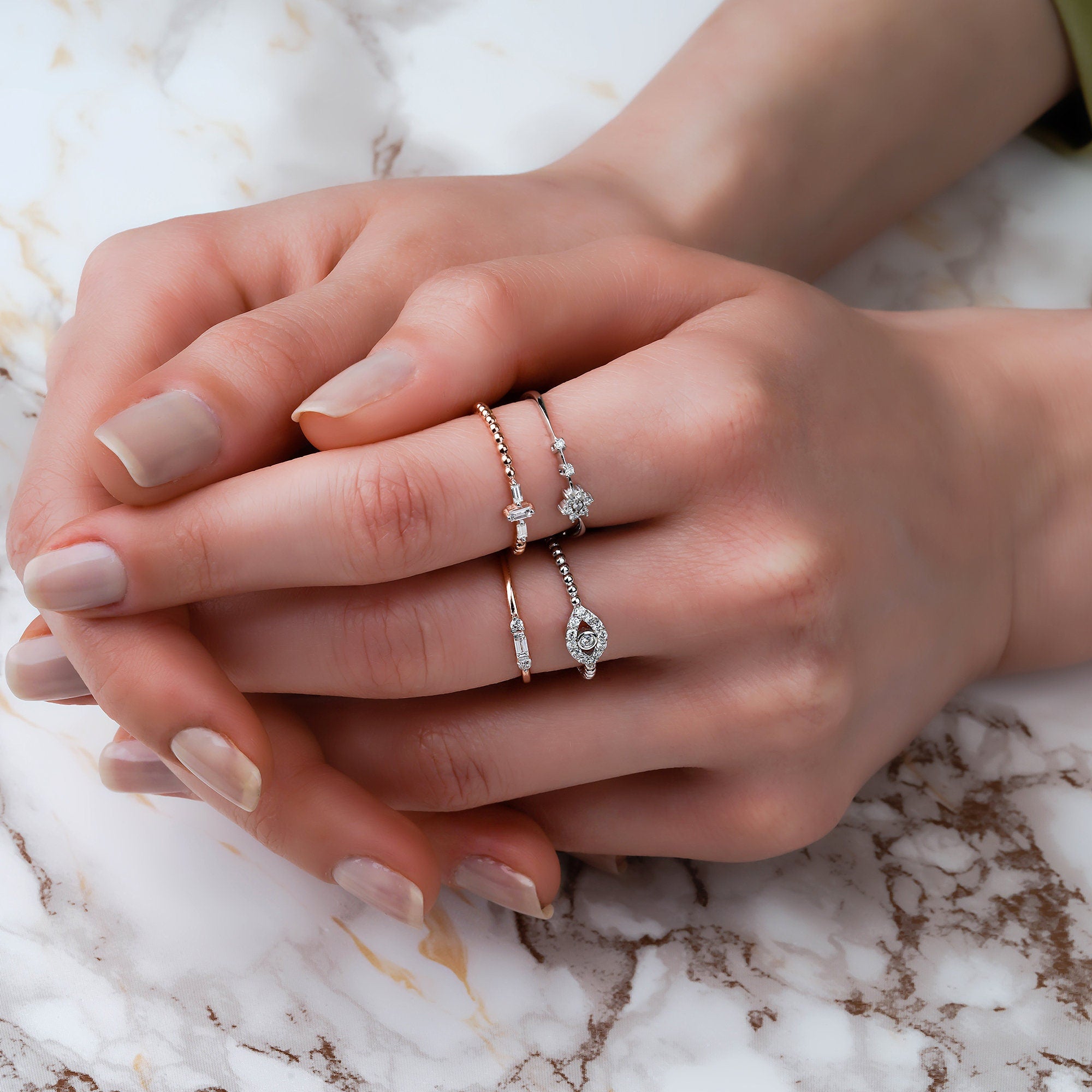 Beaded Mini Baguette Diamond Ring in 14K Gold