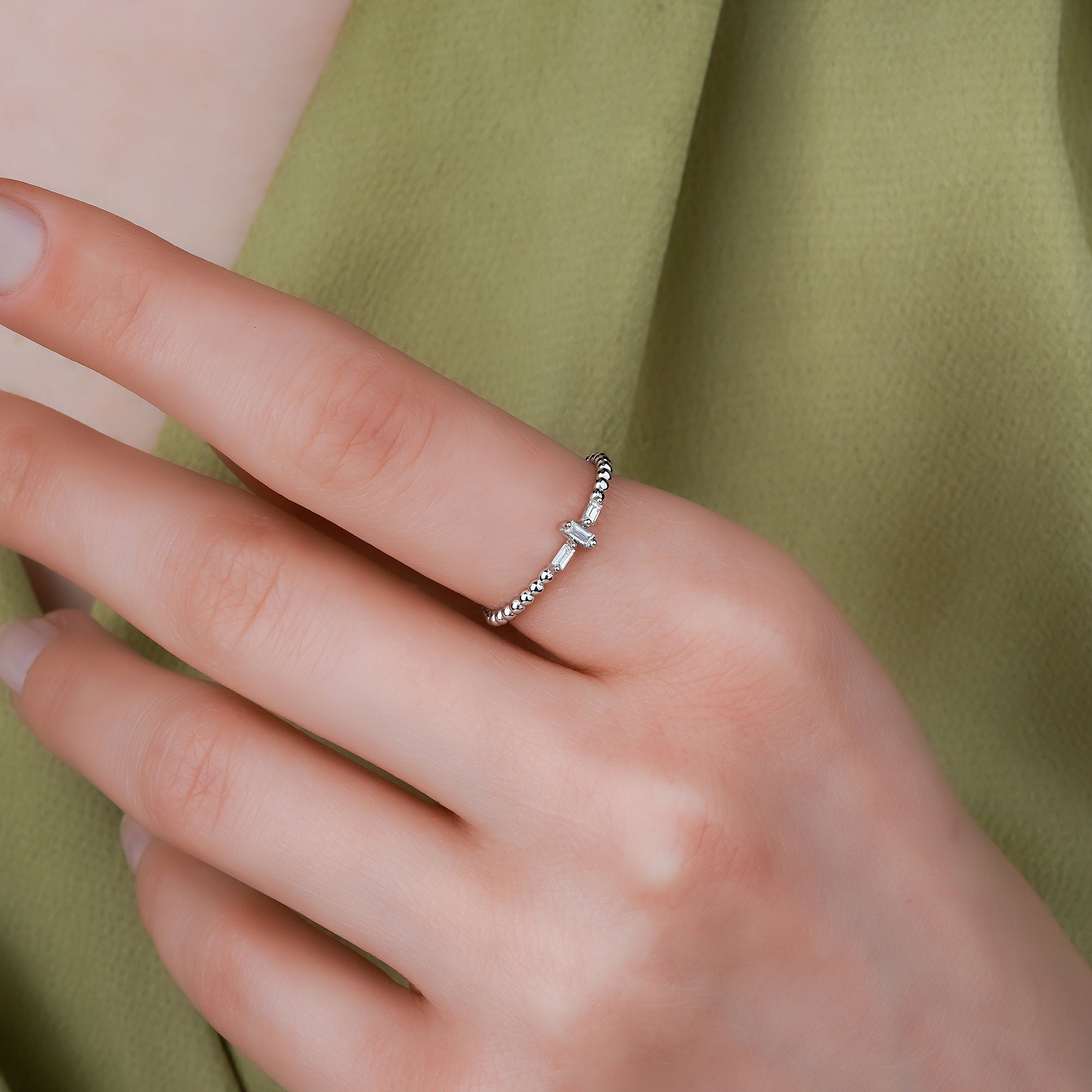 Beaded Mini Baguette Diamond Ring in 14K Gold