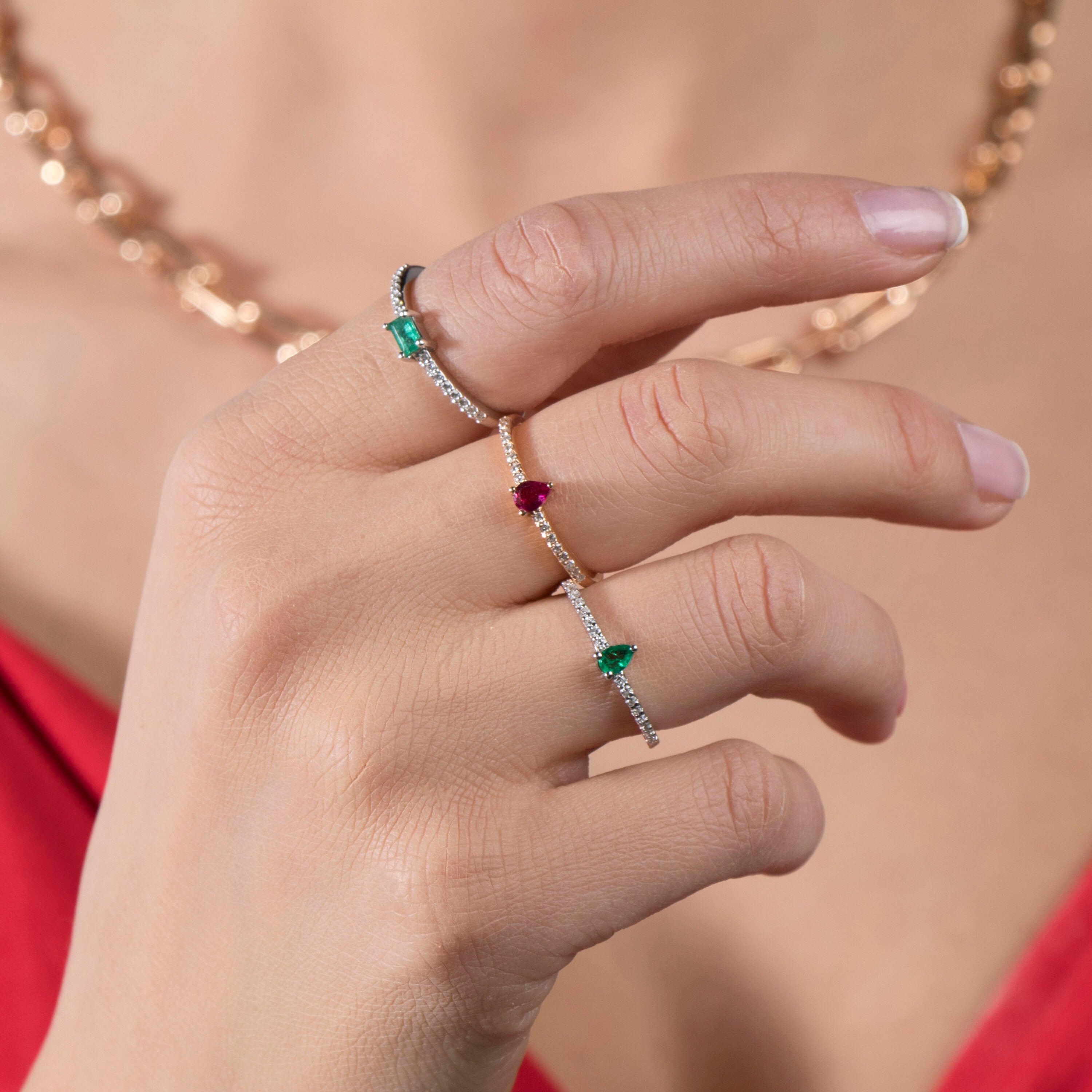 Emerald and Diamond Stacking Ring in 14K Gold