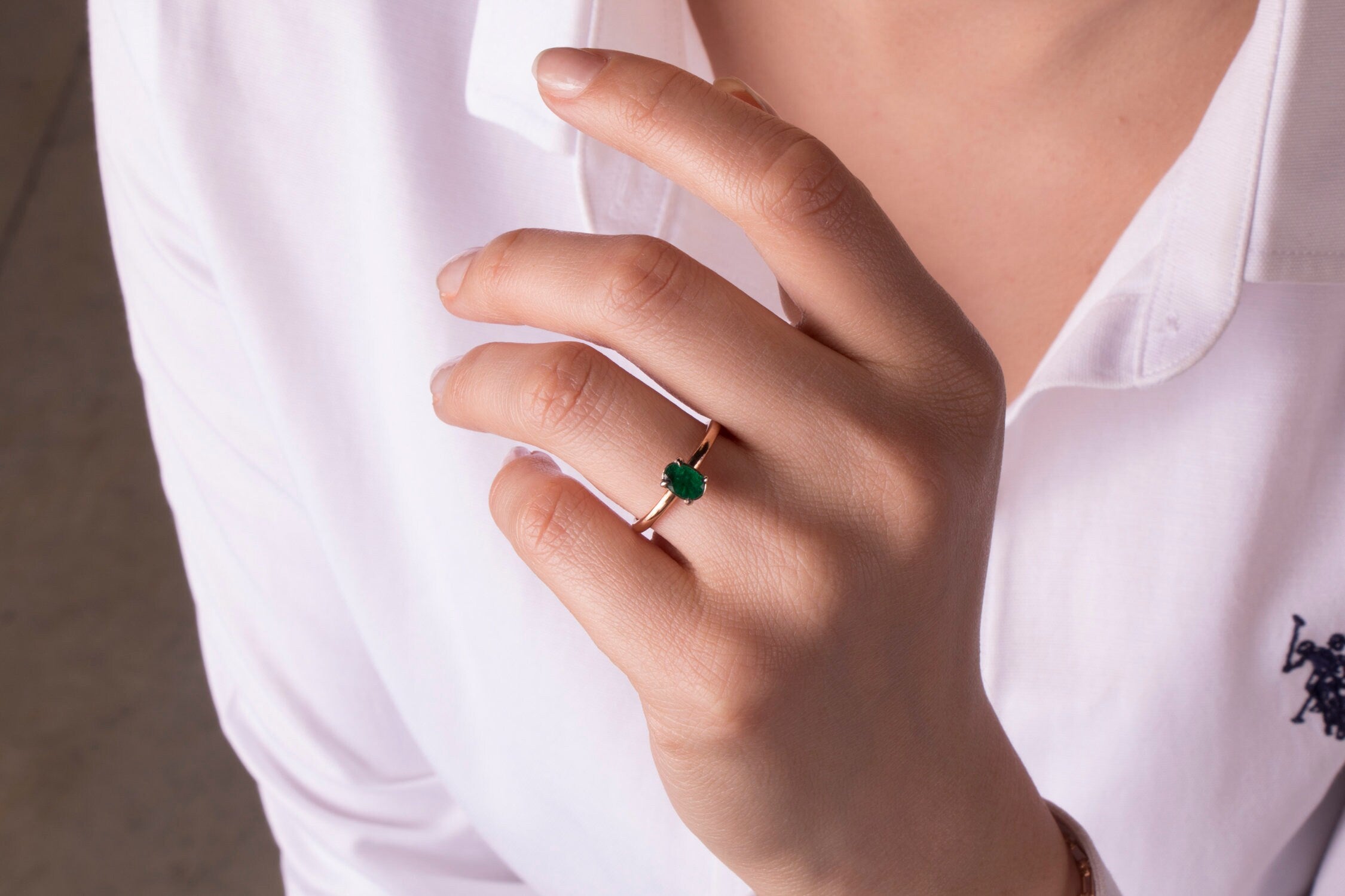 Natural Oval Cut Emerald Solitaire Ring in 14K Gold
