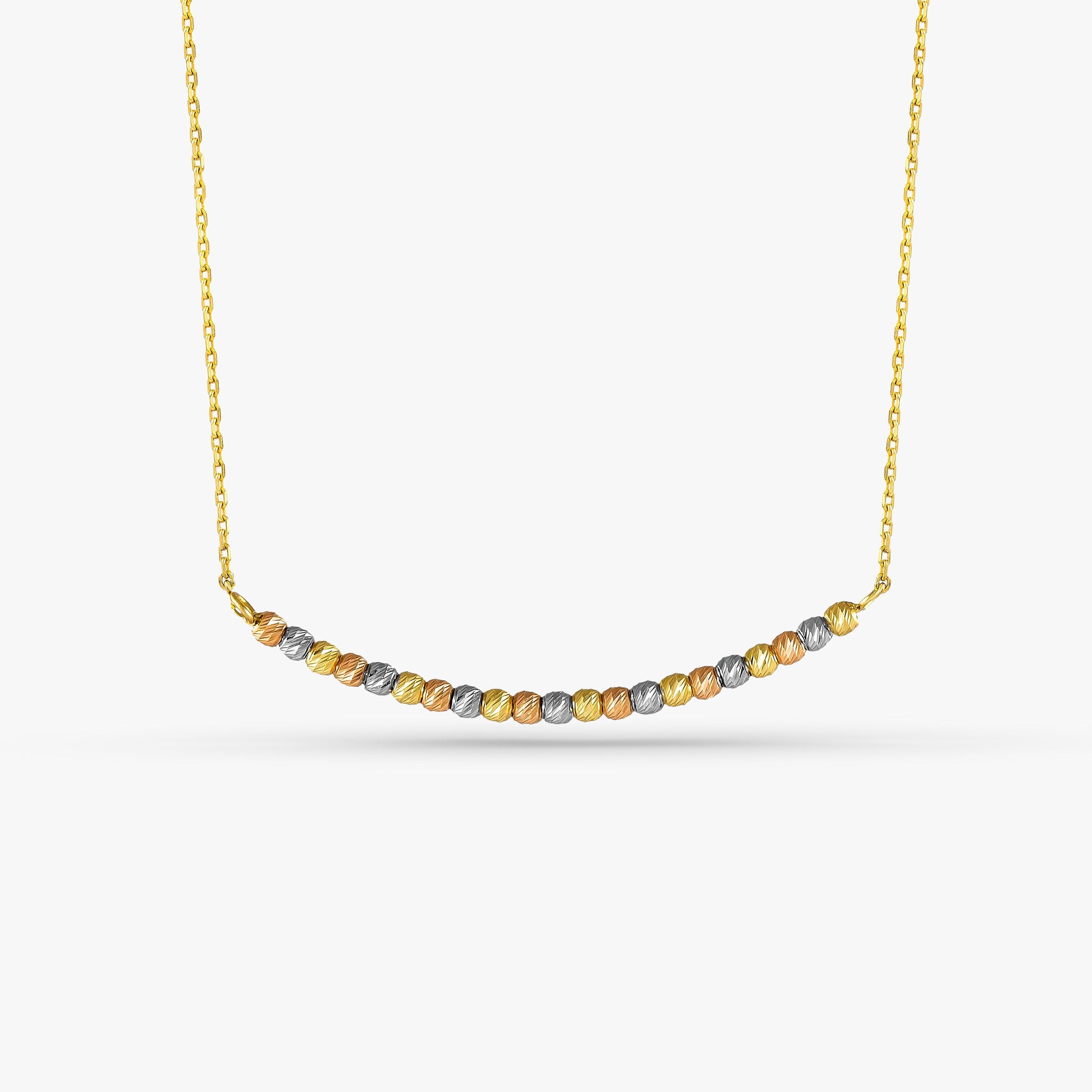 14K Gold Bar Necklace With Diamond Cut Beads