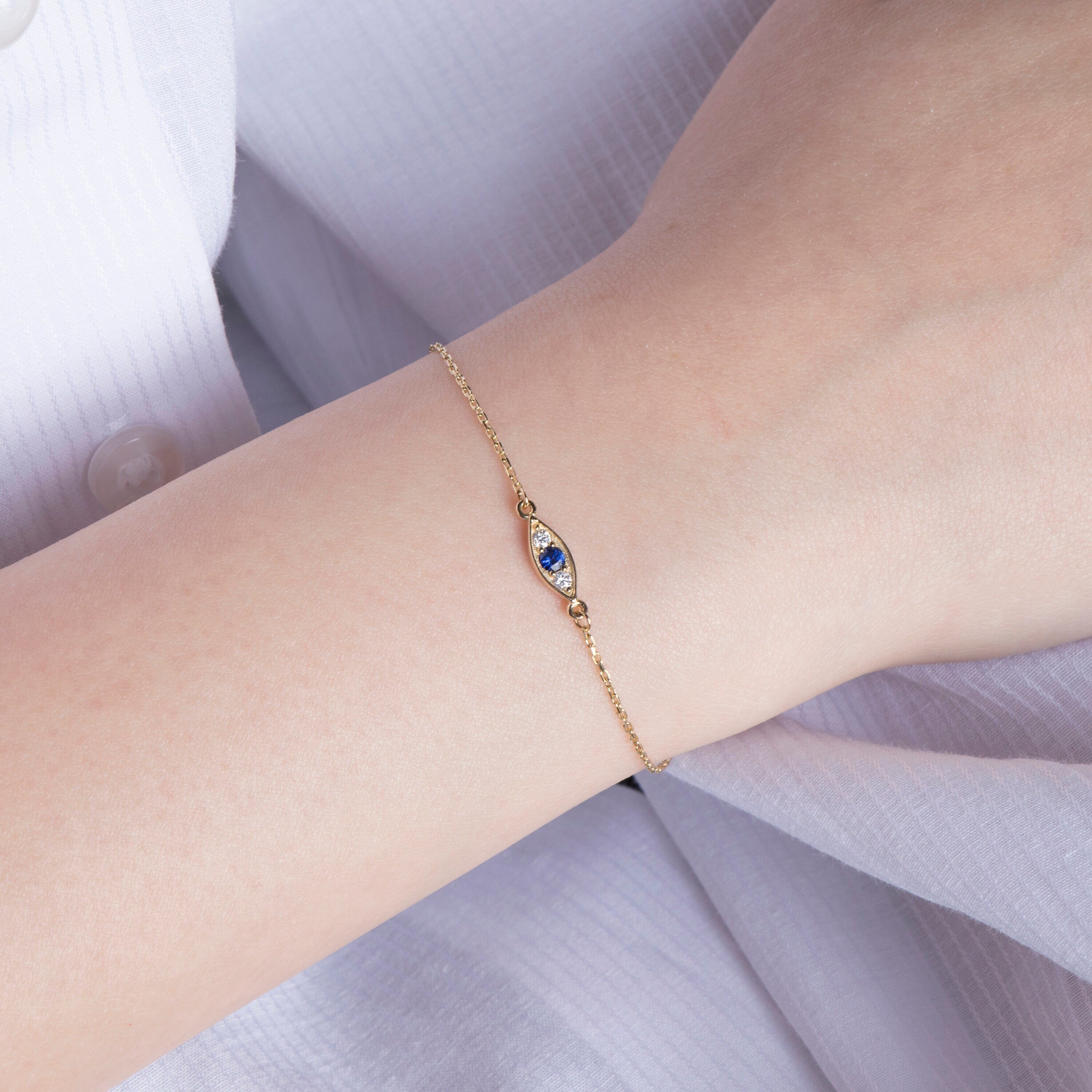 Dainty Blue Sapphire and Diamond Bracelet in 14K Gold