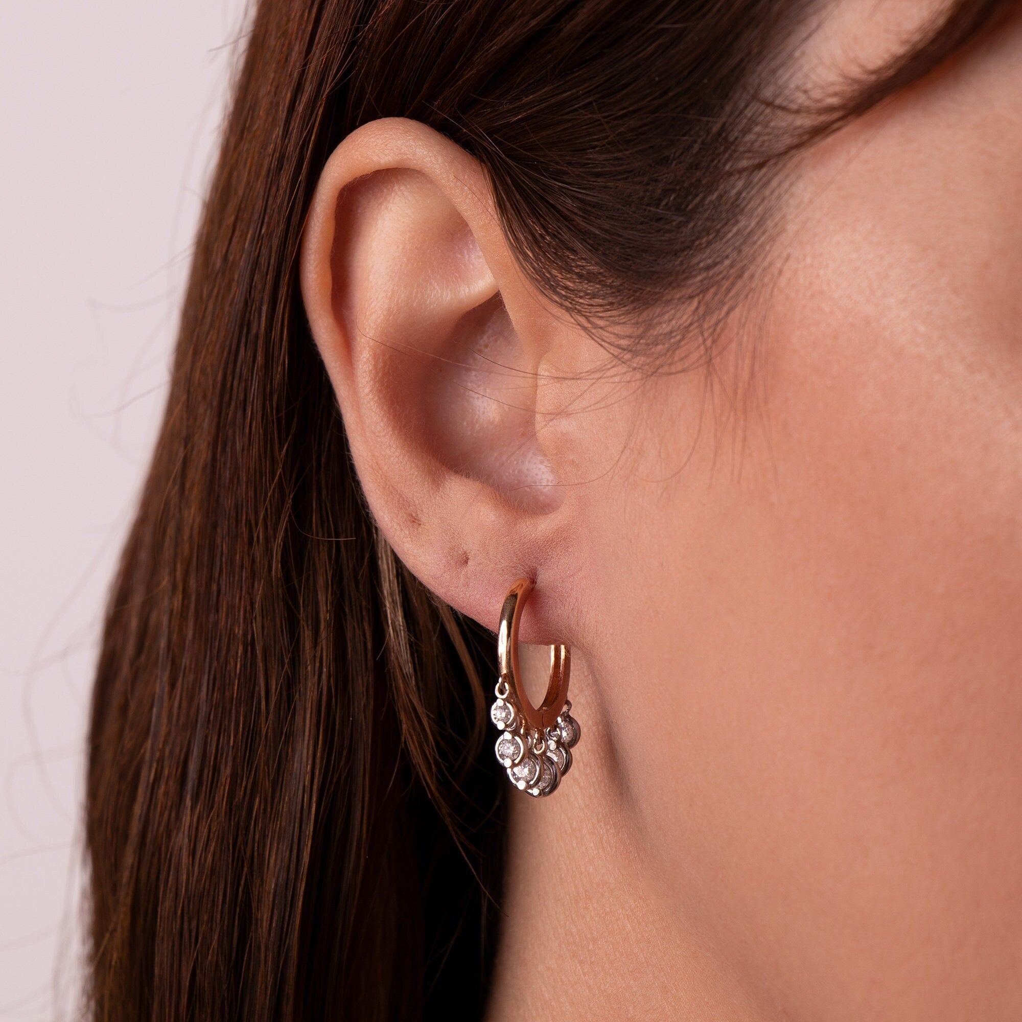 Diamond Hoop Earrings With Bezel Set Diamond Charms Available in 14K and 18K Gold