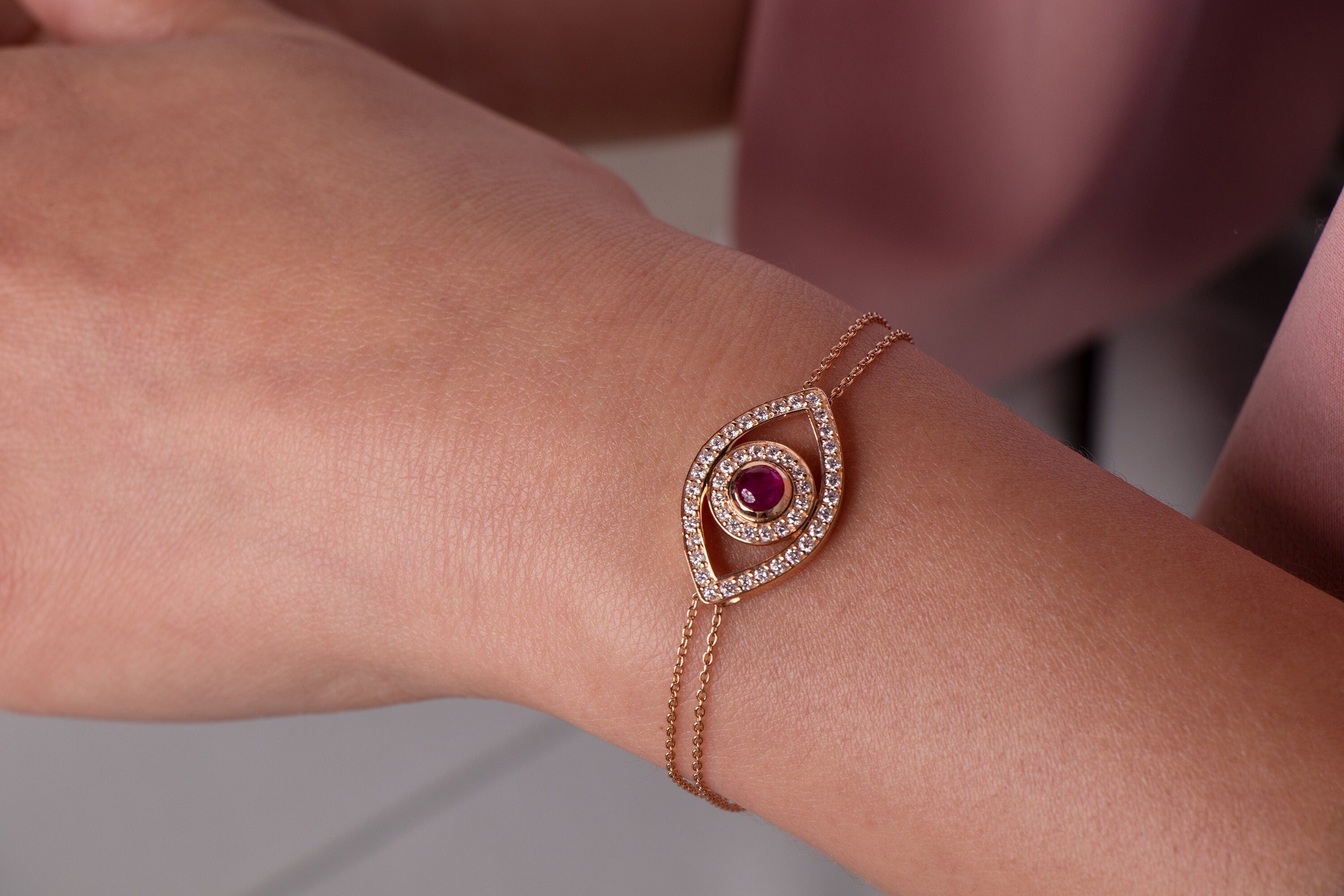 RUBY AND DIAMOND EVIL EYE BRACELET AVAILABLE IN 14K AND 18K GOLD