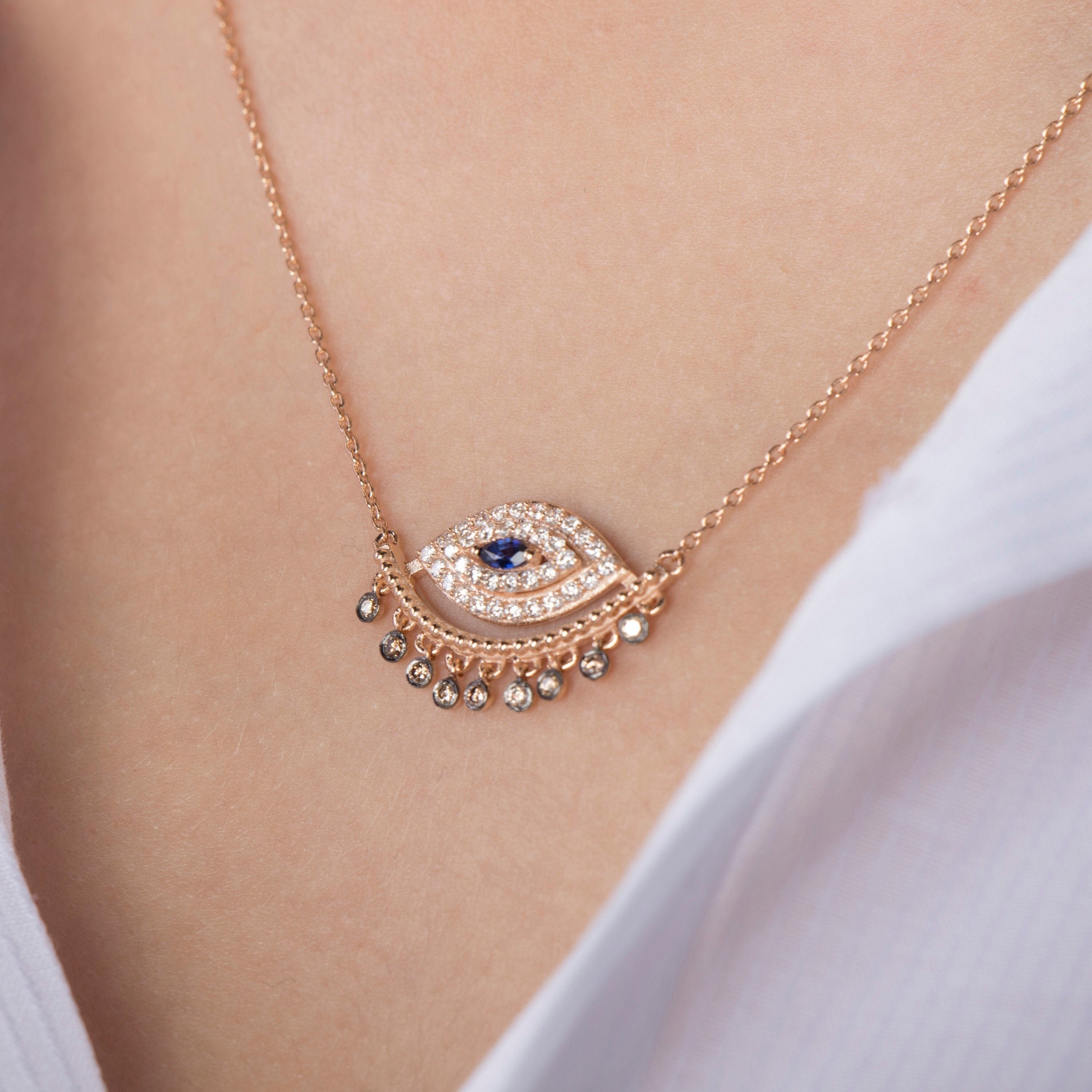 Greek Evil Eye Necklace Available in 14K and 18K Gold