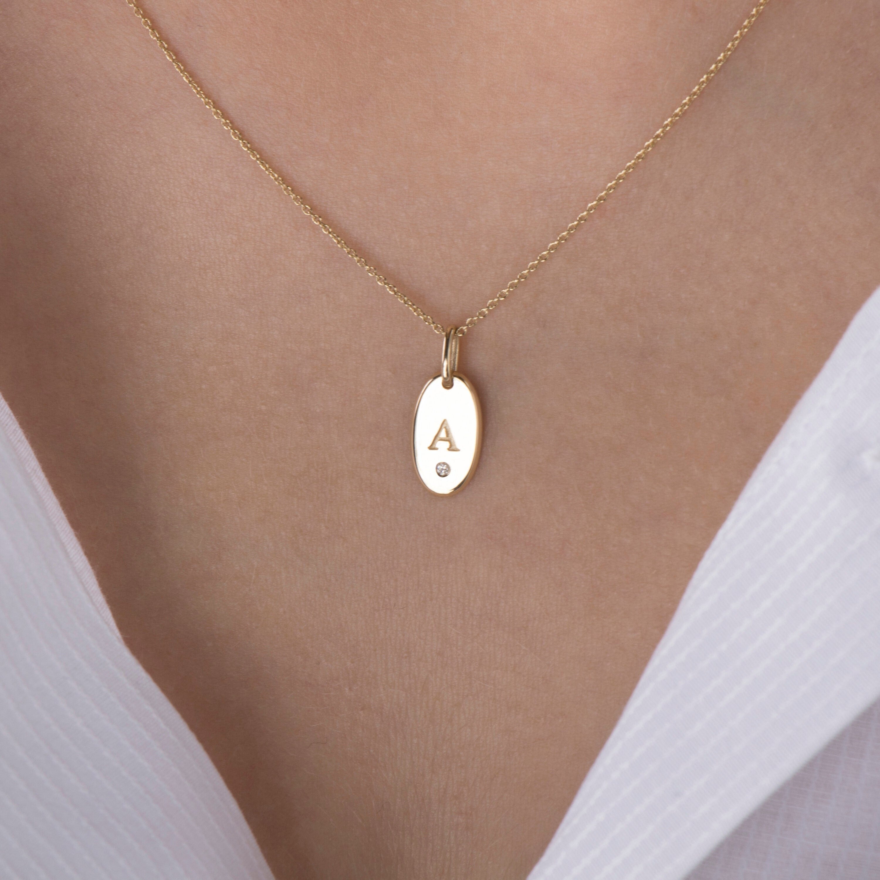 14K Gold Birthstone Oval Initial Pendant Necklace