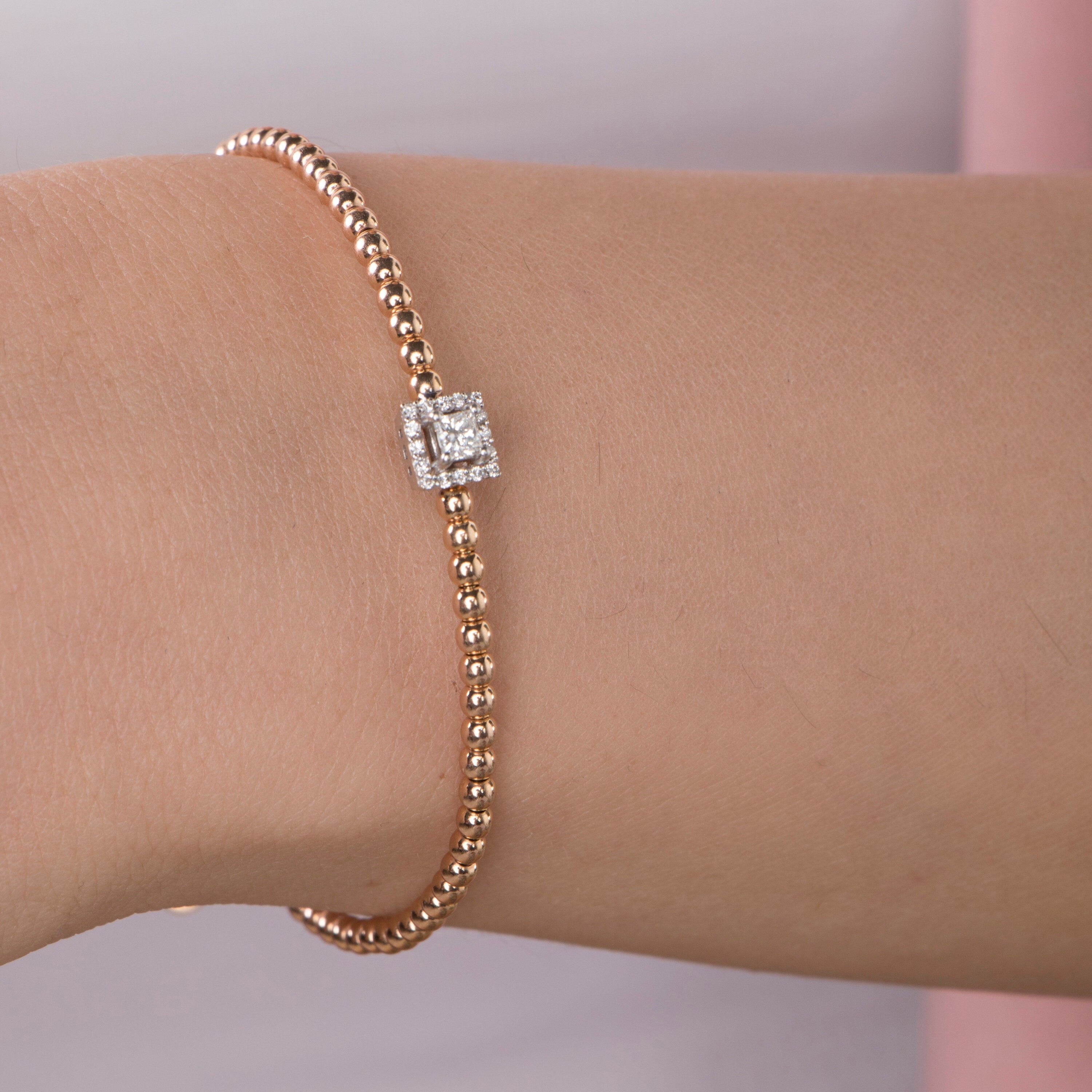 14K Gold Halo Princess Cut Diamond Bangle Bracelet