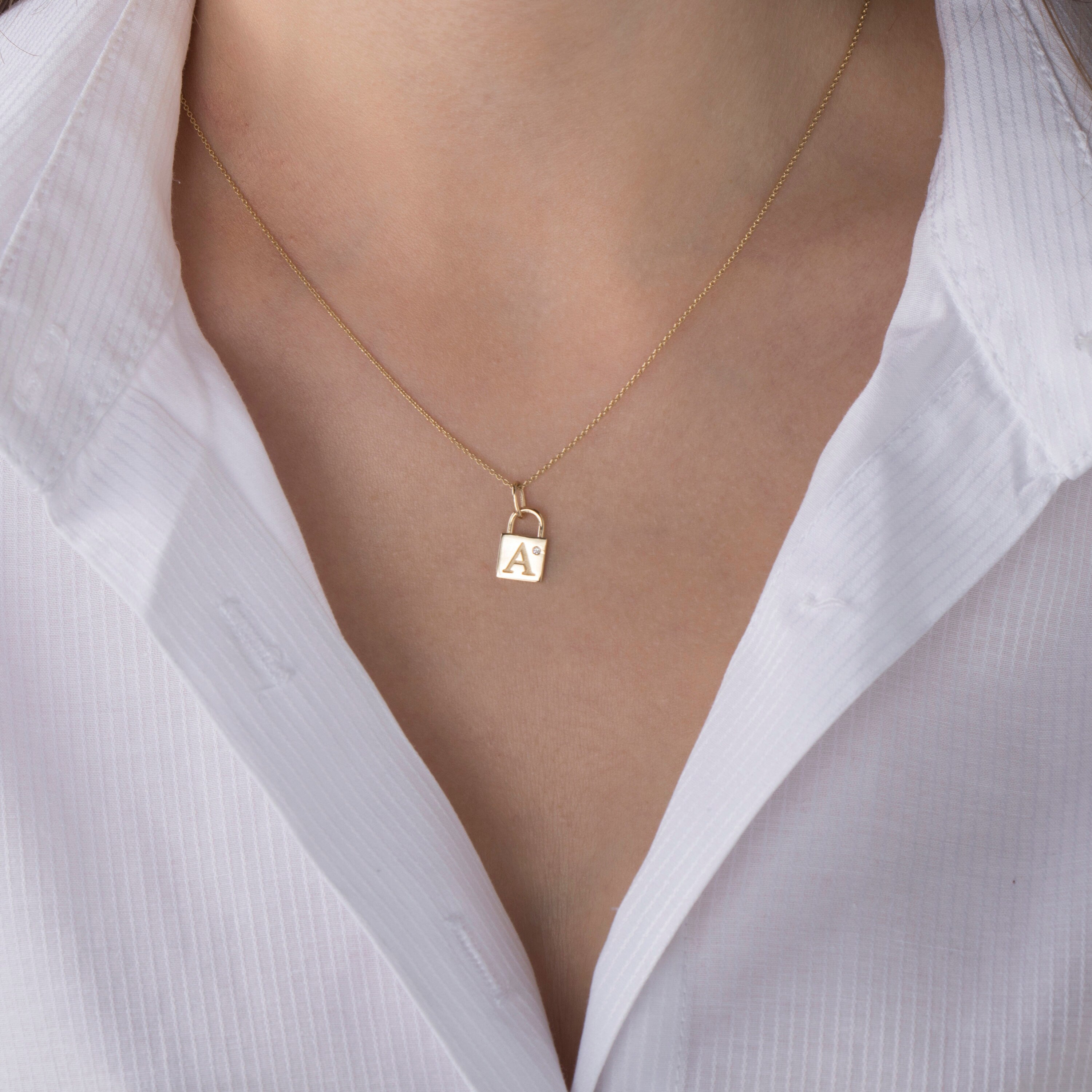 Birthstone Initial Padlock Pendant Necklace in 14K Gold
