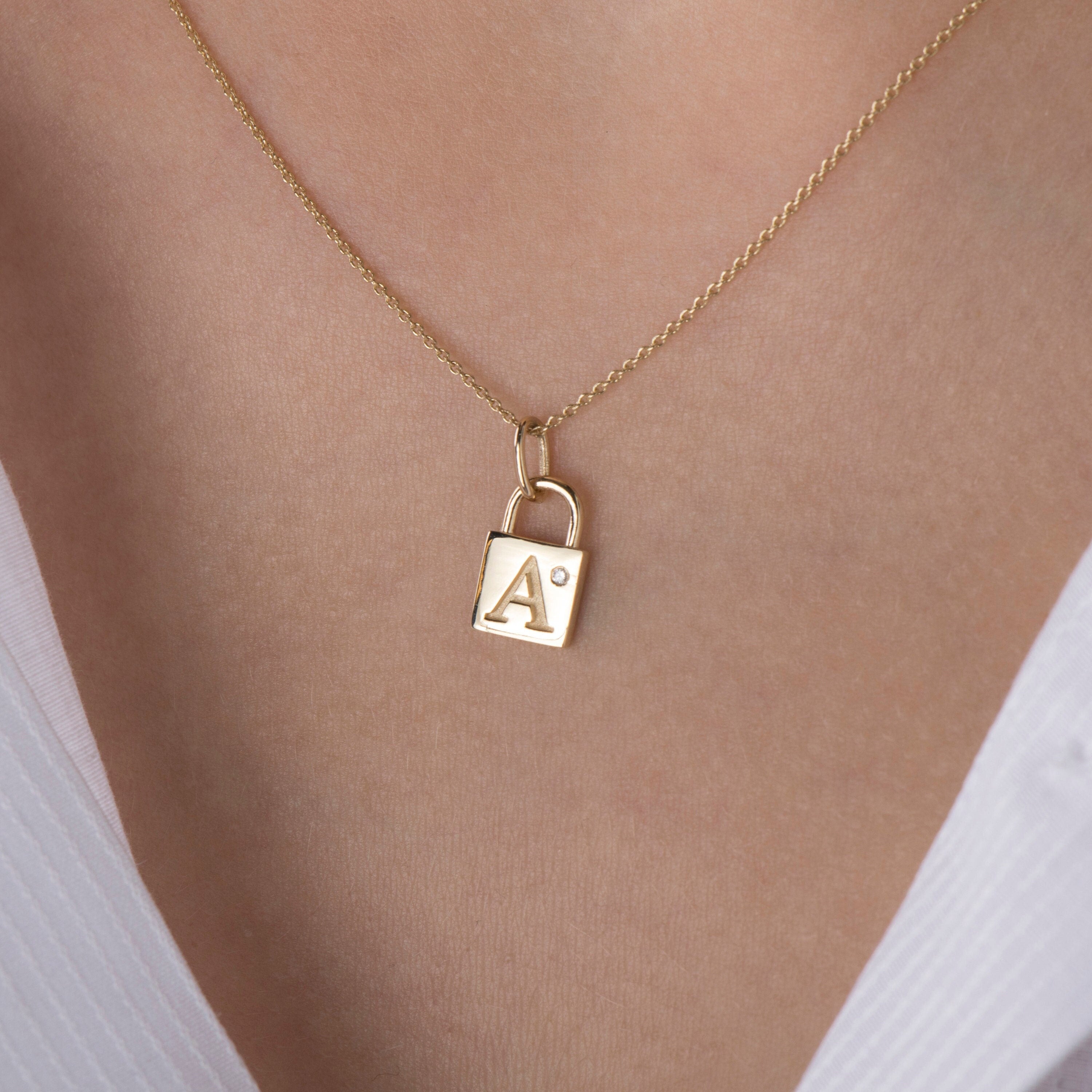 Birthstone Initial Padlock Pendant Necklace in 14K Gold