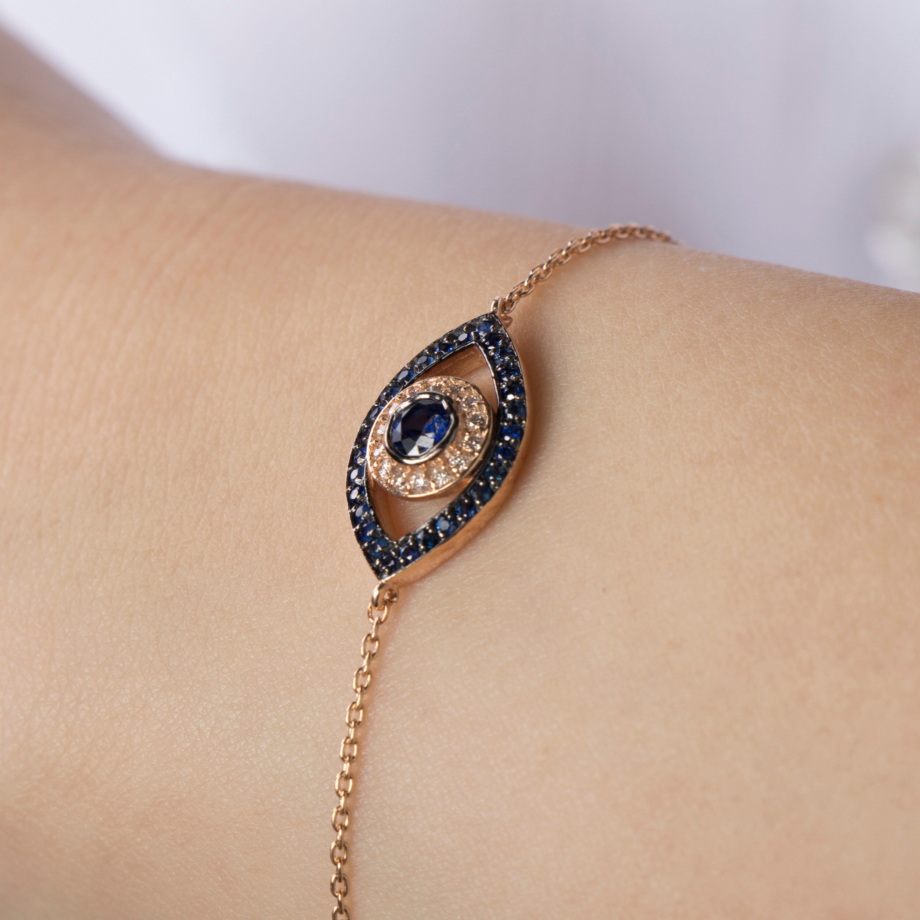 Diamond and Sapphire Evil Eye Bracelet in 14K Gold