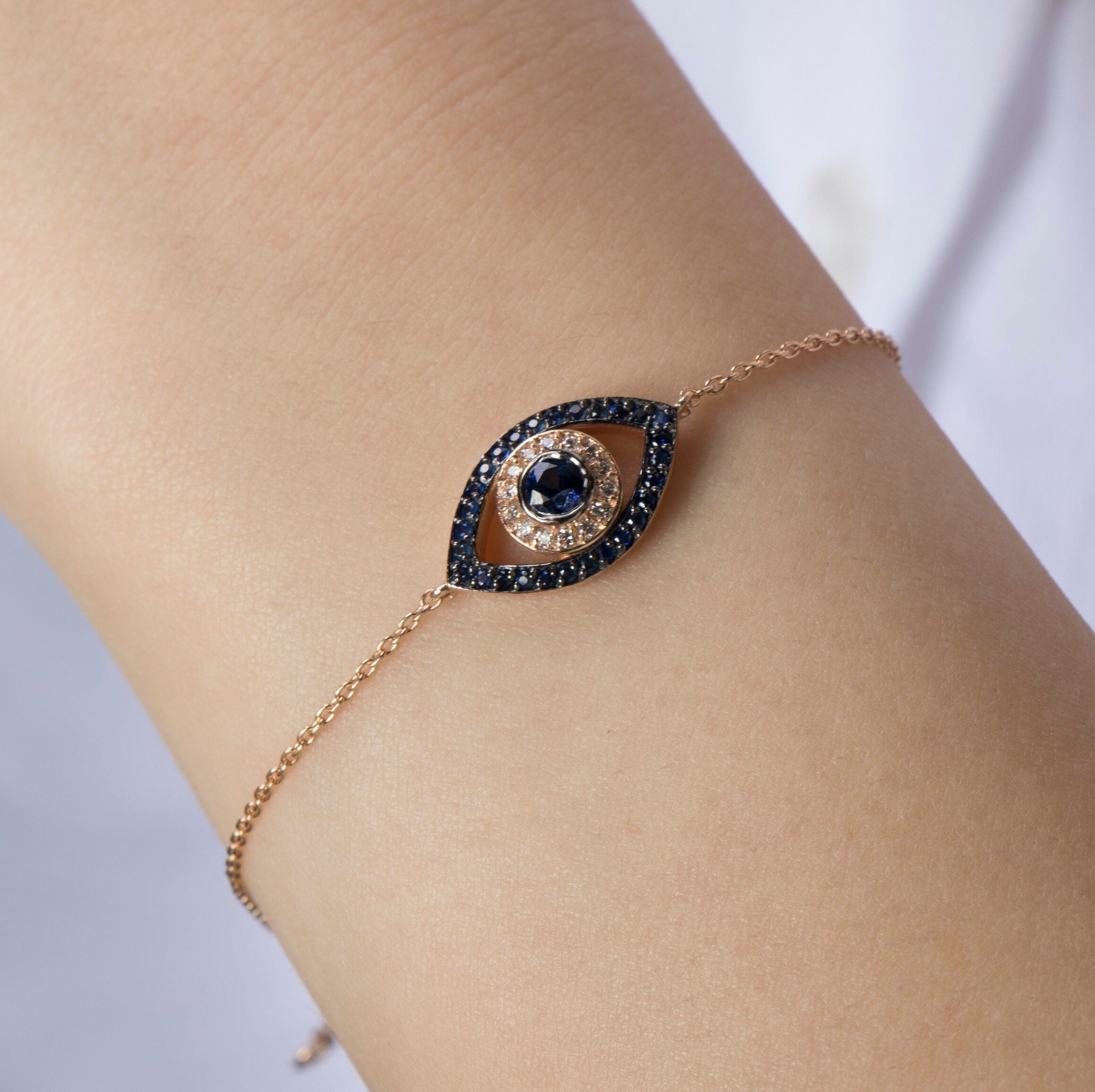 Diamond and Sapphire Evil Eye Bracelet in 14K Gold