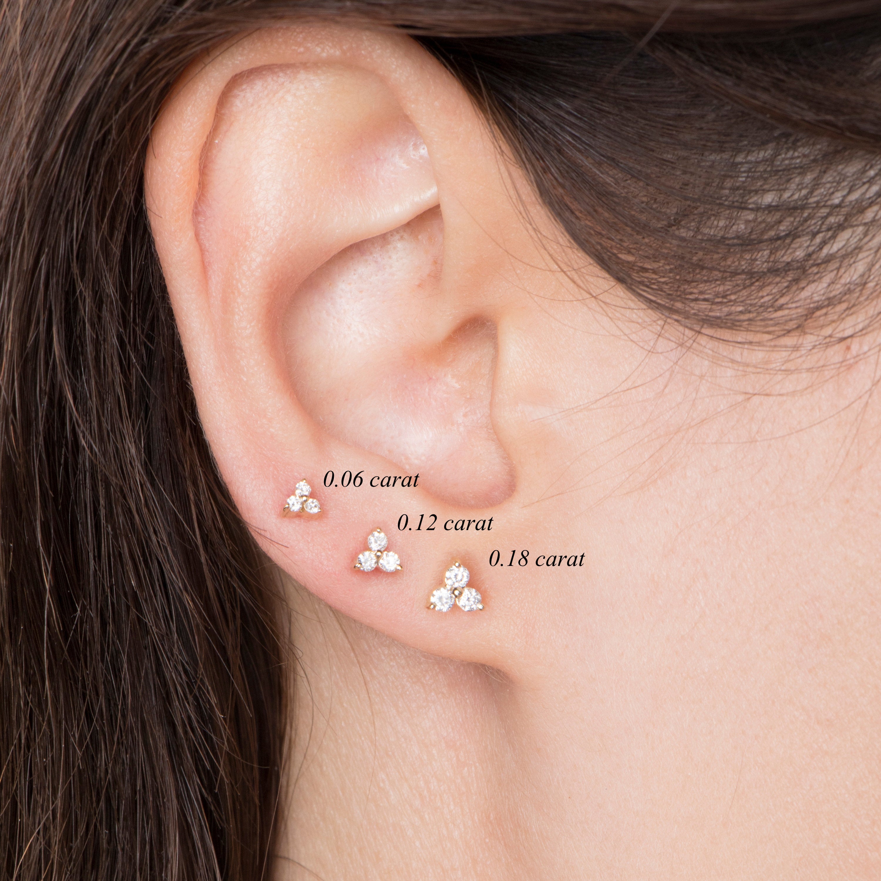 Single Three Diamond Stud Available in 14K and 18K Gold