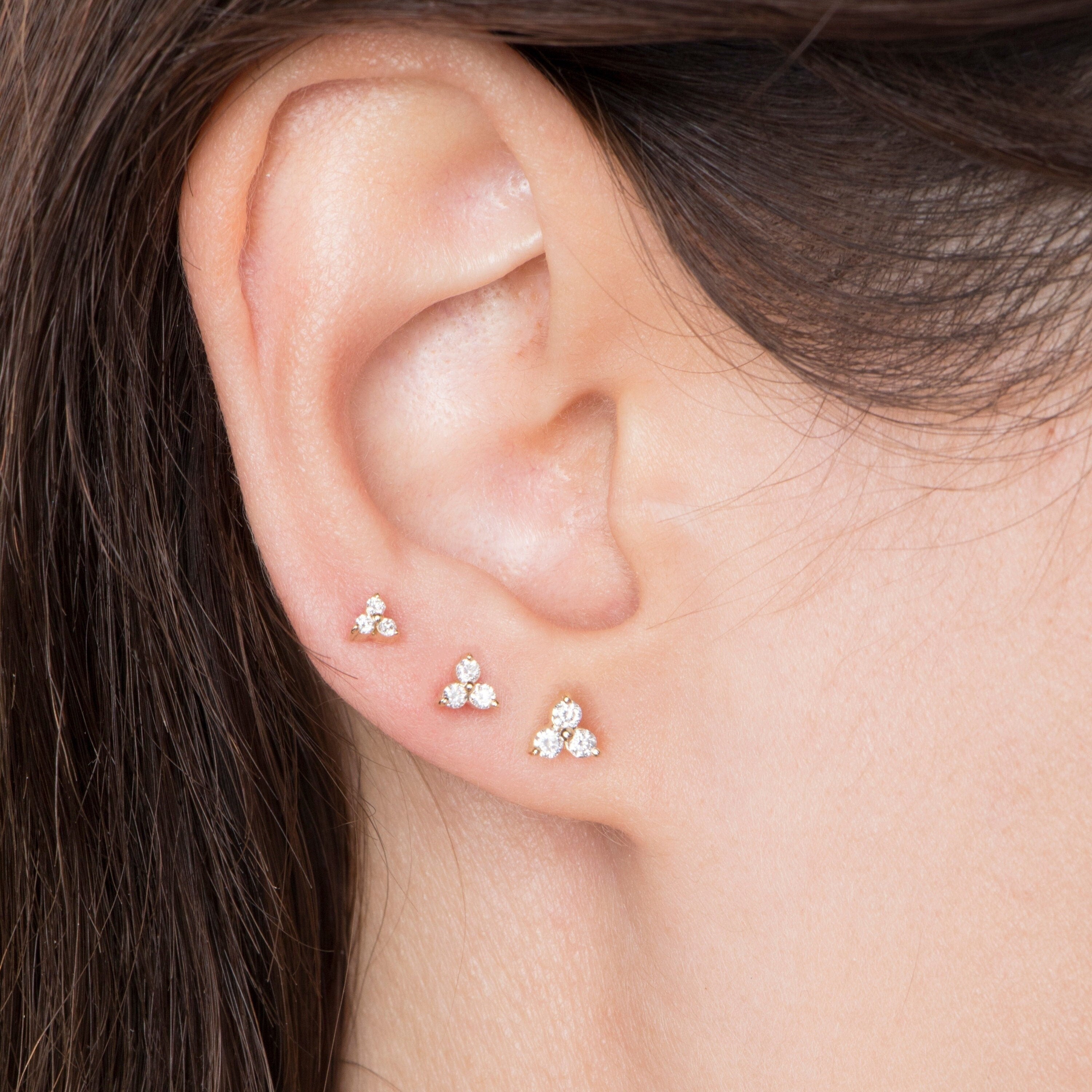 Three Diamond Studs Available in 14K and 18K Gold