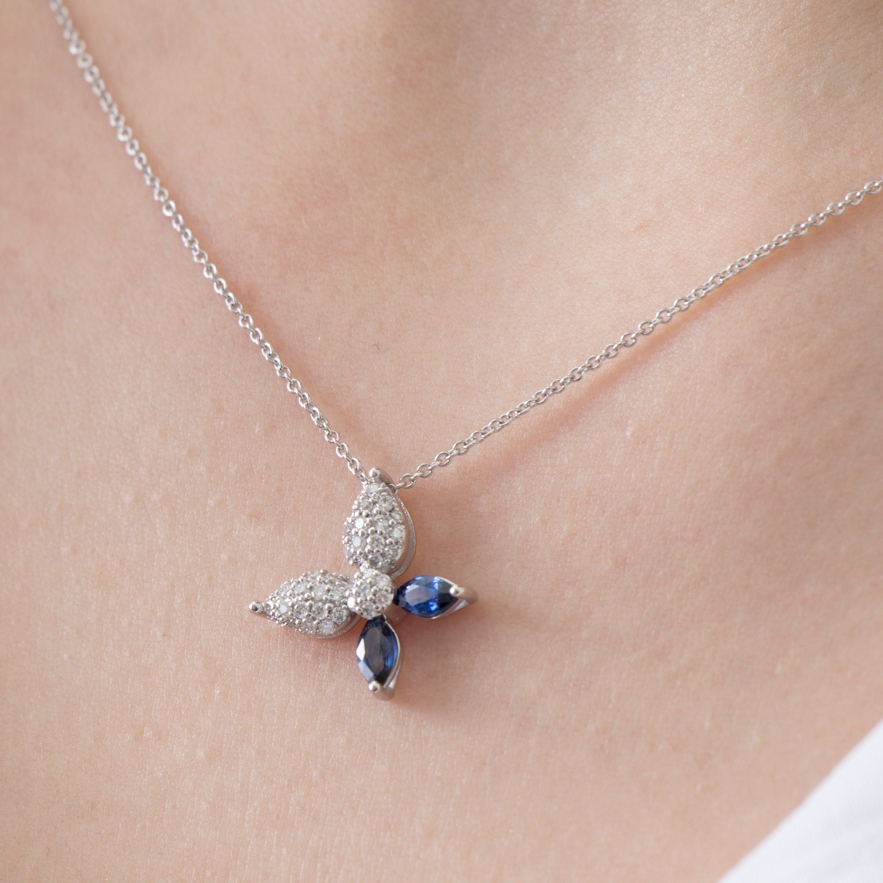 Diamond and Marquise Sapphire Butterfly Necklace Available in 14K and 18K Gold