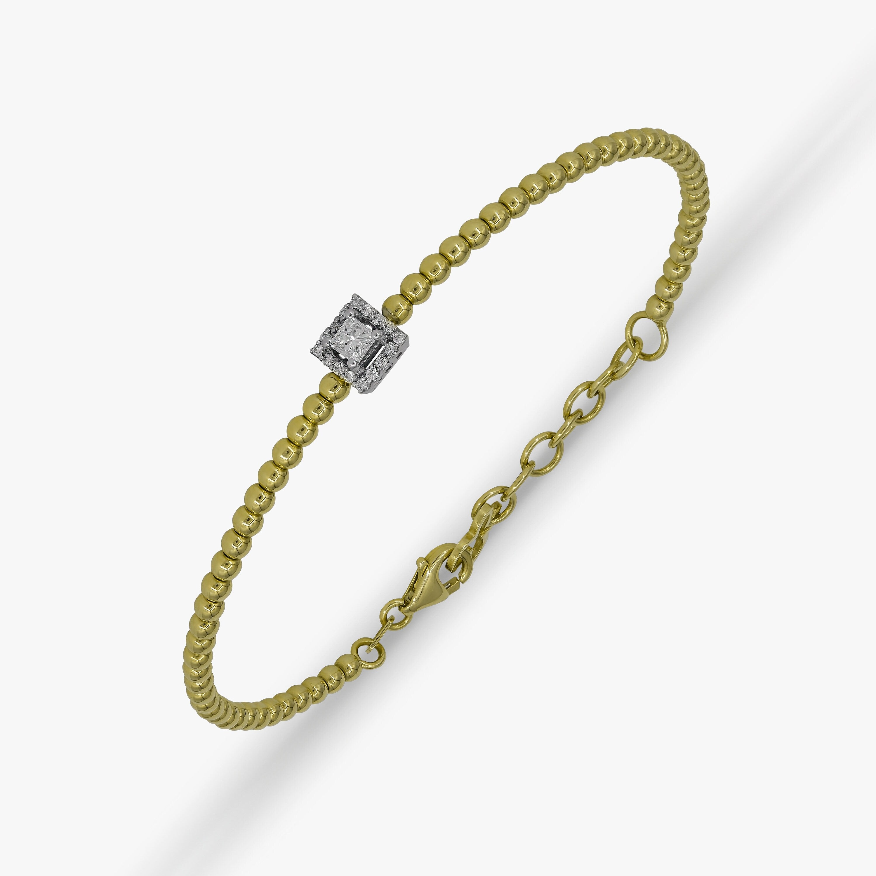 14K Gold Halo Princess Cut Diamond Bangle Bracelet