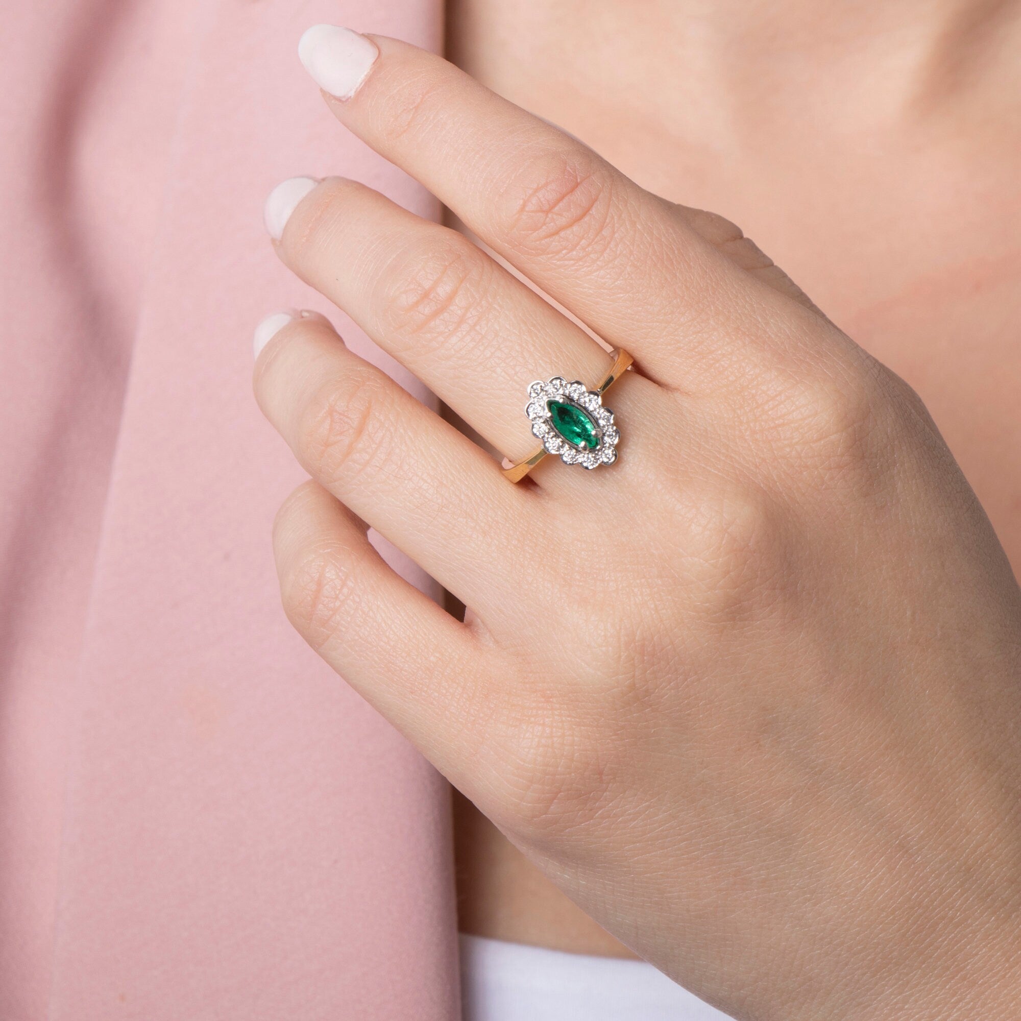 Vintage Marquise Emerald and Diamond Ring in 18K Gold
