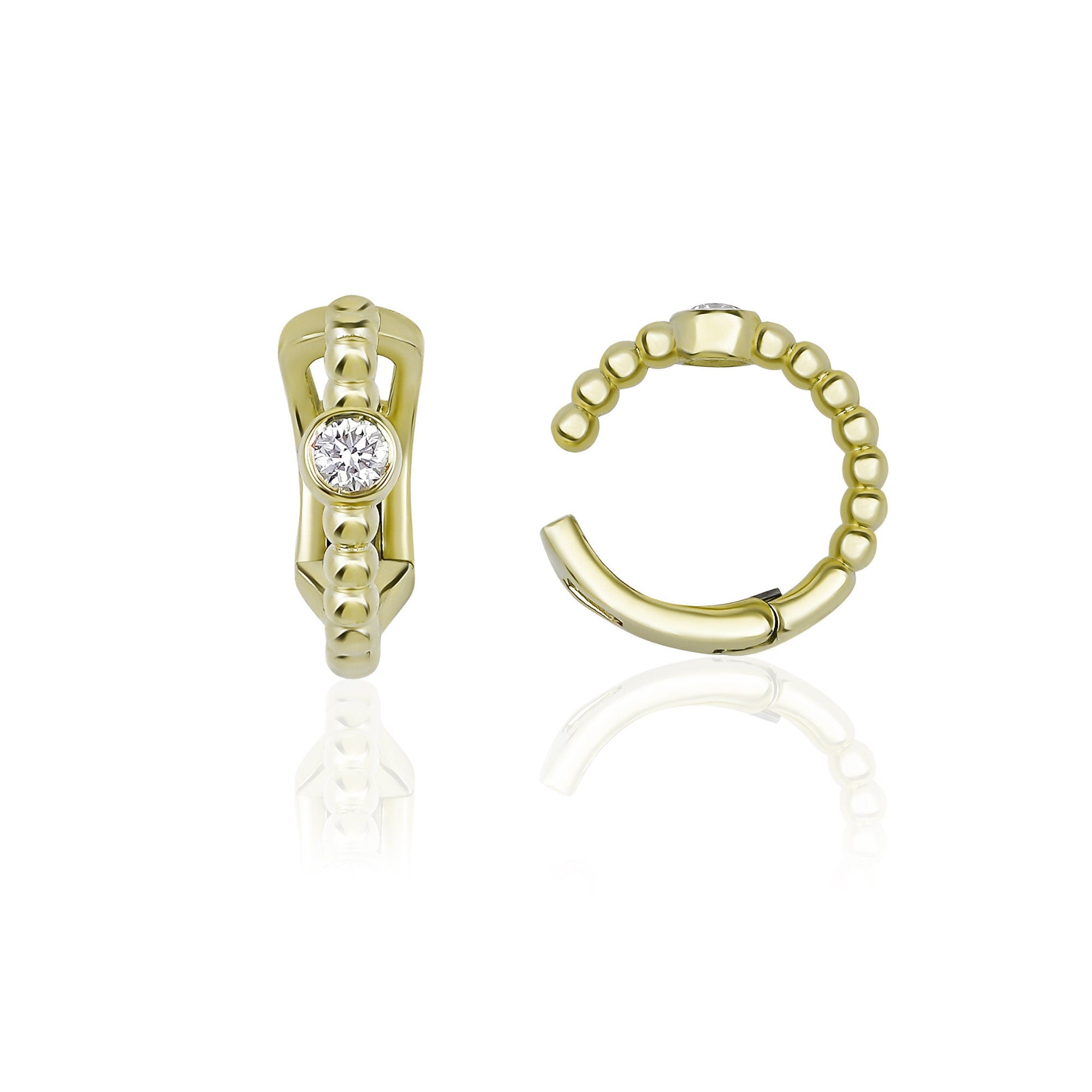 Solitaire Diamond Beaded Ear Cuff Earring Available in 14K and 18K Gold