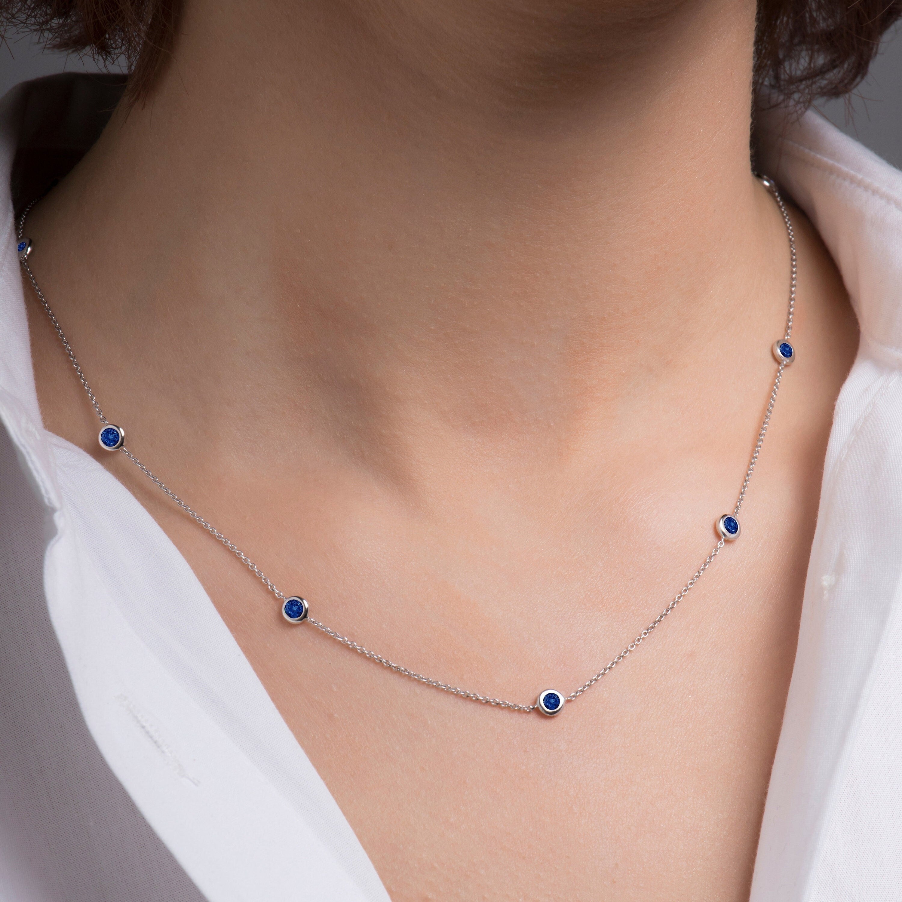 Blue Sapphire Station Necklace in 14K Gold