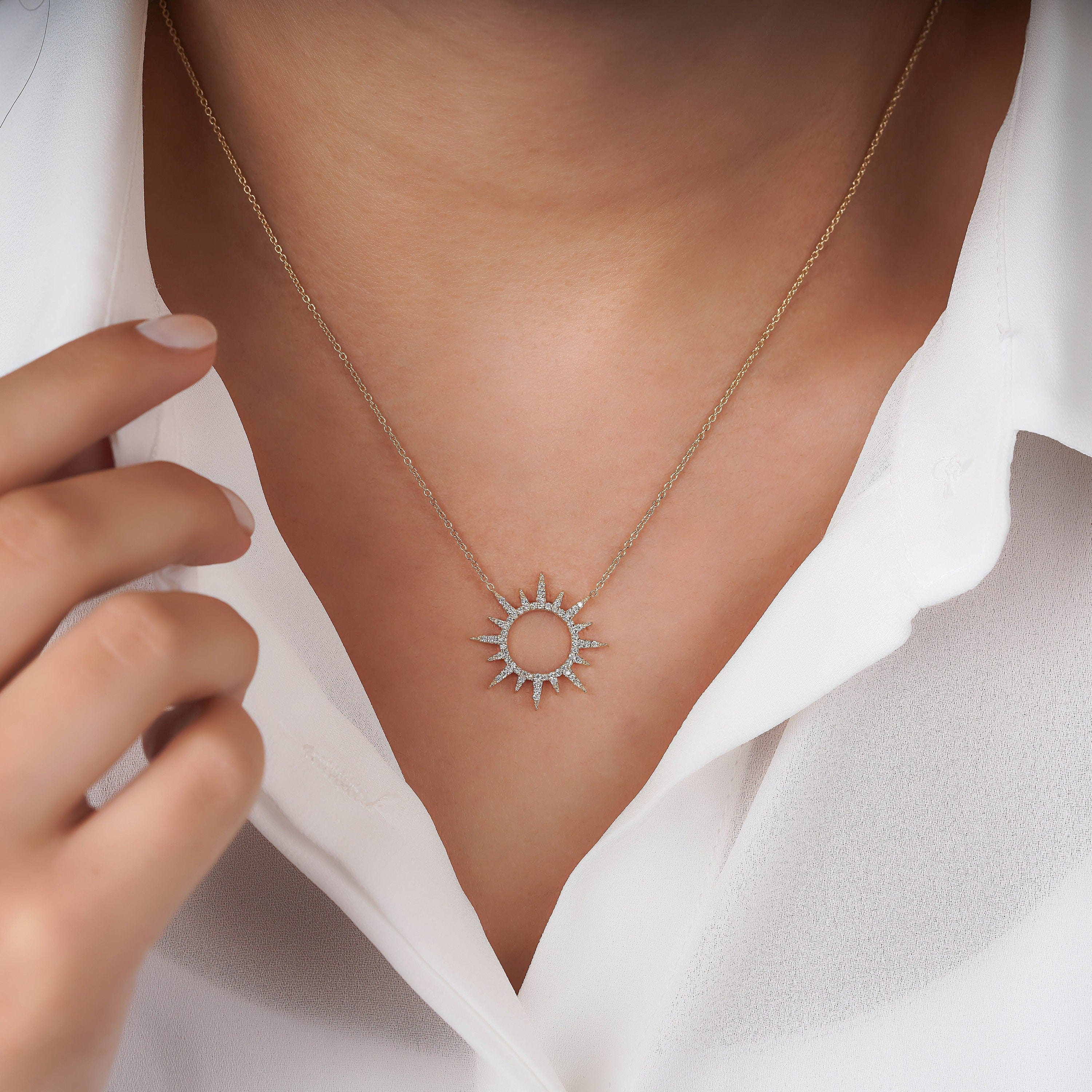 Diamond Sun Necklace Available in 14K and 18K Gold
