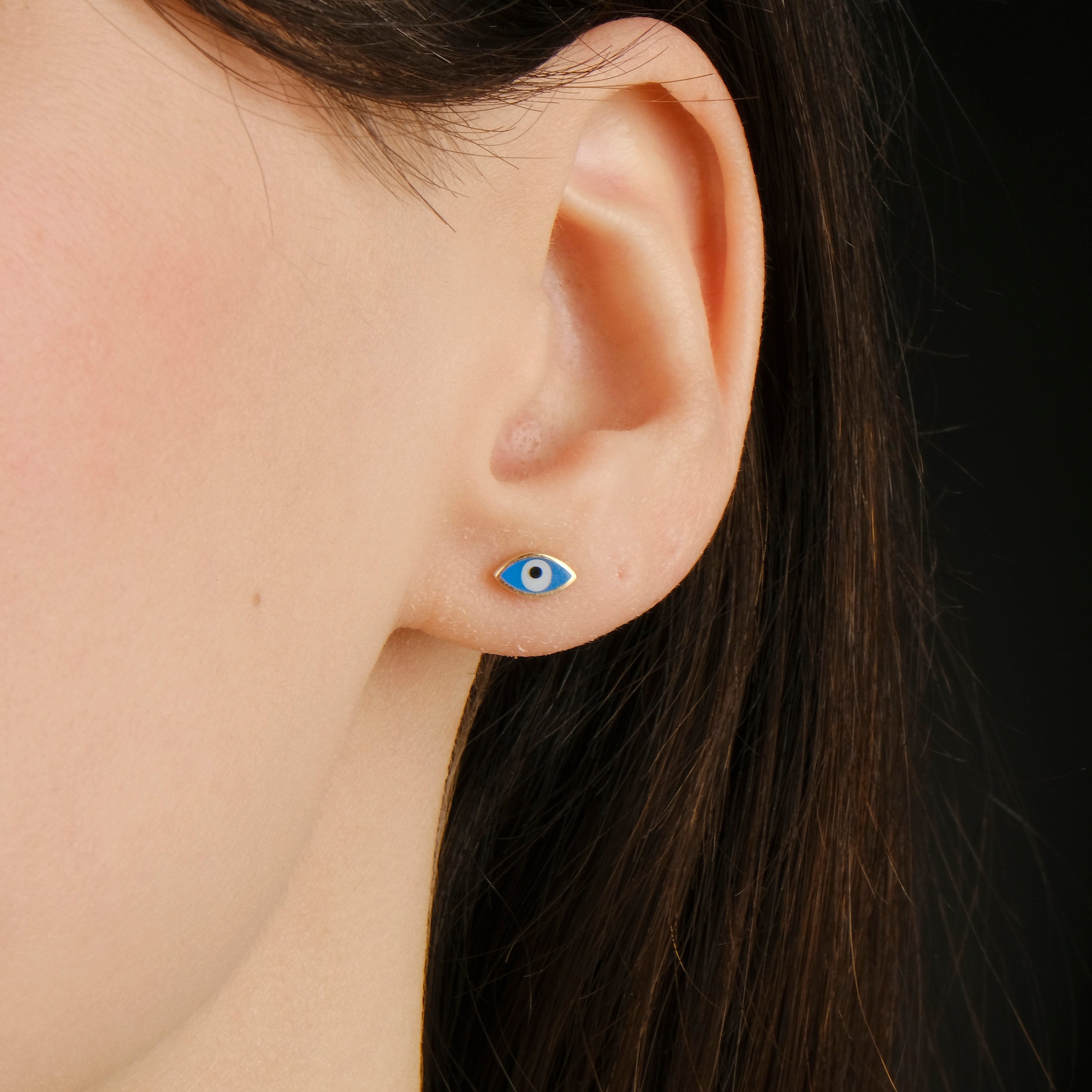 Single Mini Ocean Blue Evil Eye Stud Earring In 14K Gold