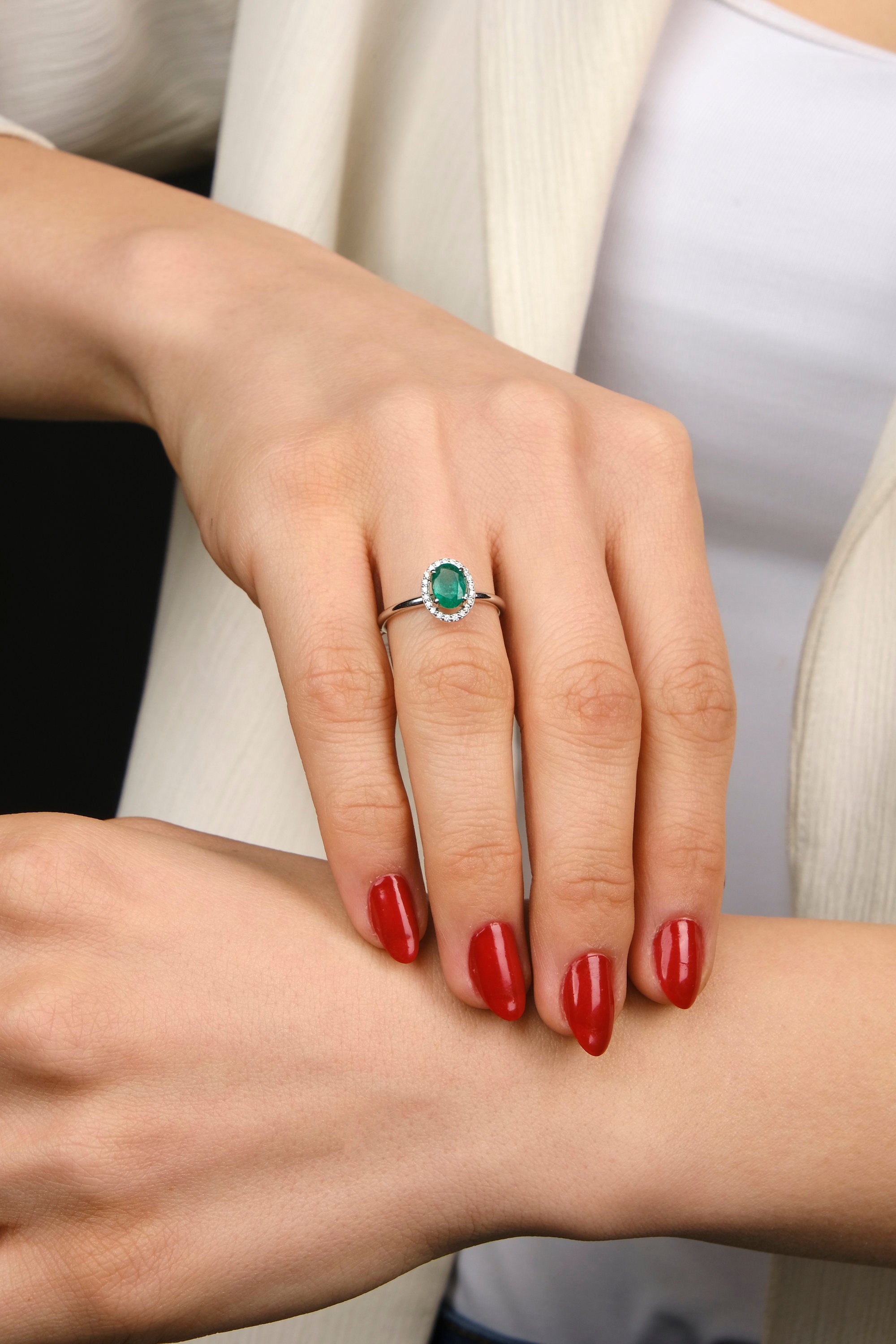 Oval Cut Emerald and Diamond Ring in 14K Gold