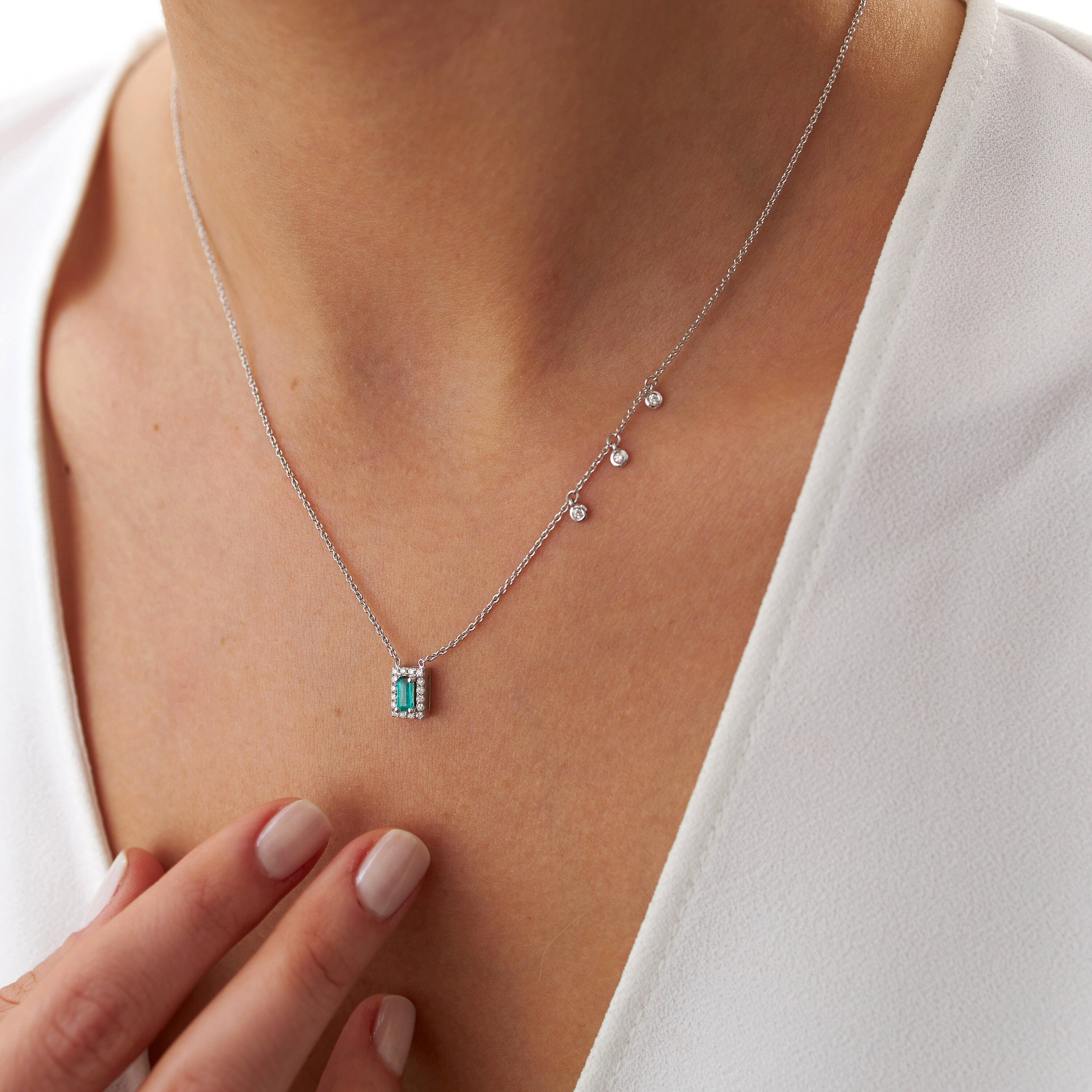 Asymmetric Emerald and Diamond Necklace Available in 14K and 18K Gold