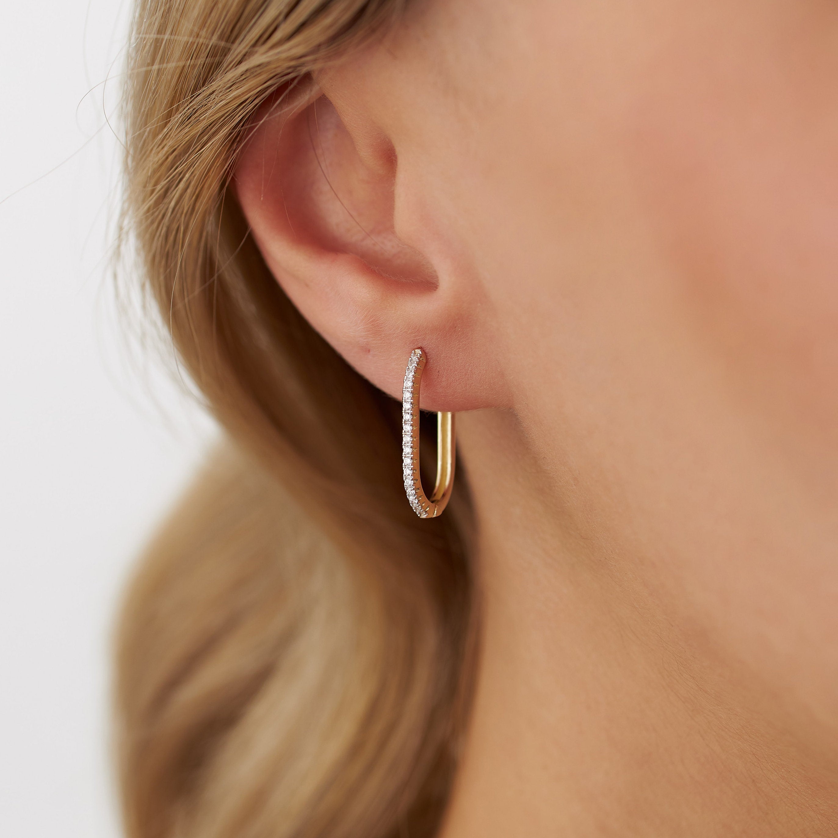 Diamond Rectangle Hoop Earrings in 14K Gold