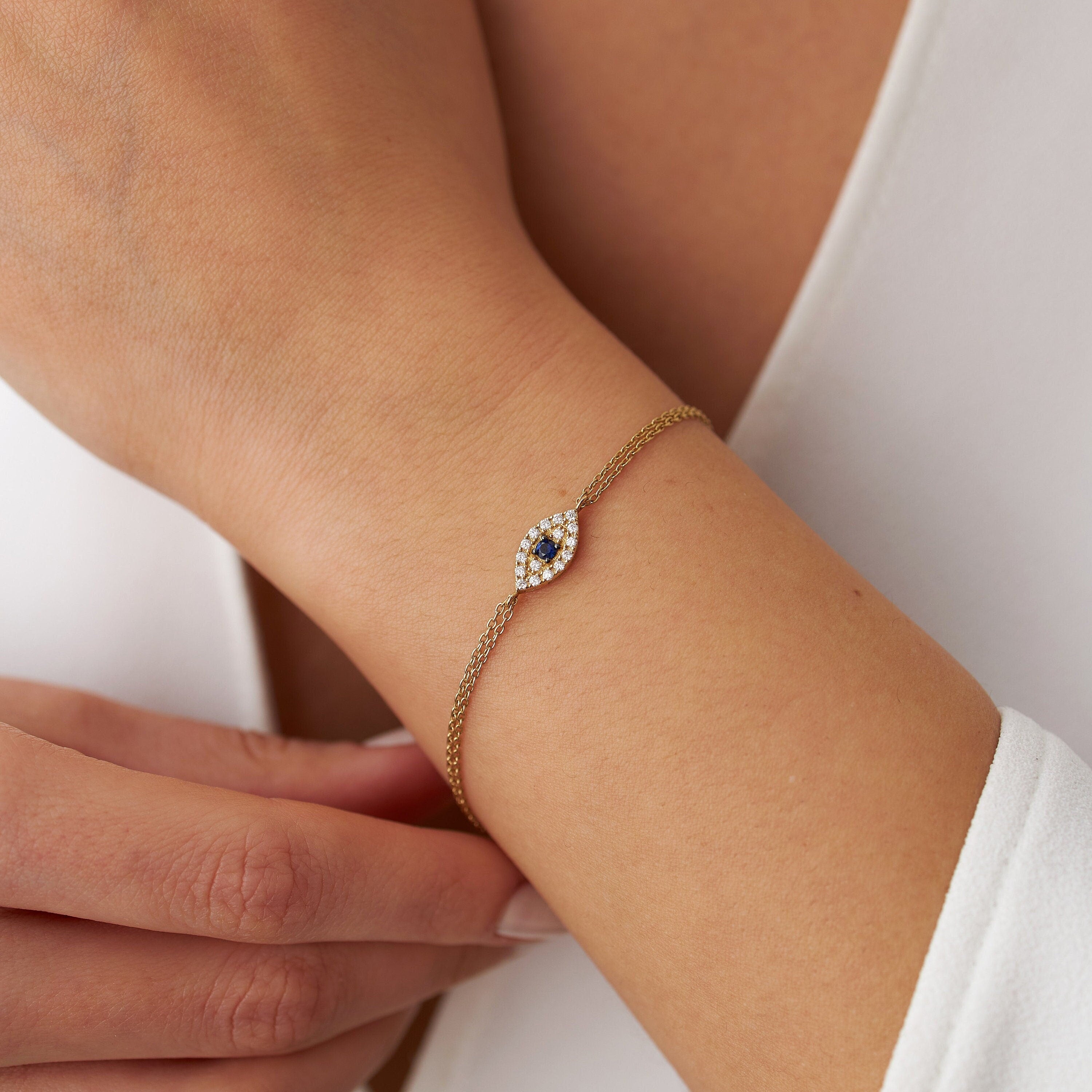 Blue Sapphire and Diamond Evil Eye Bracelet Available in 14K Gold and 18K Gold