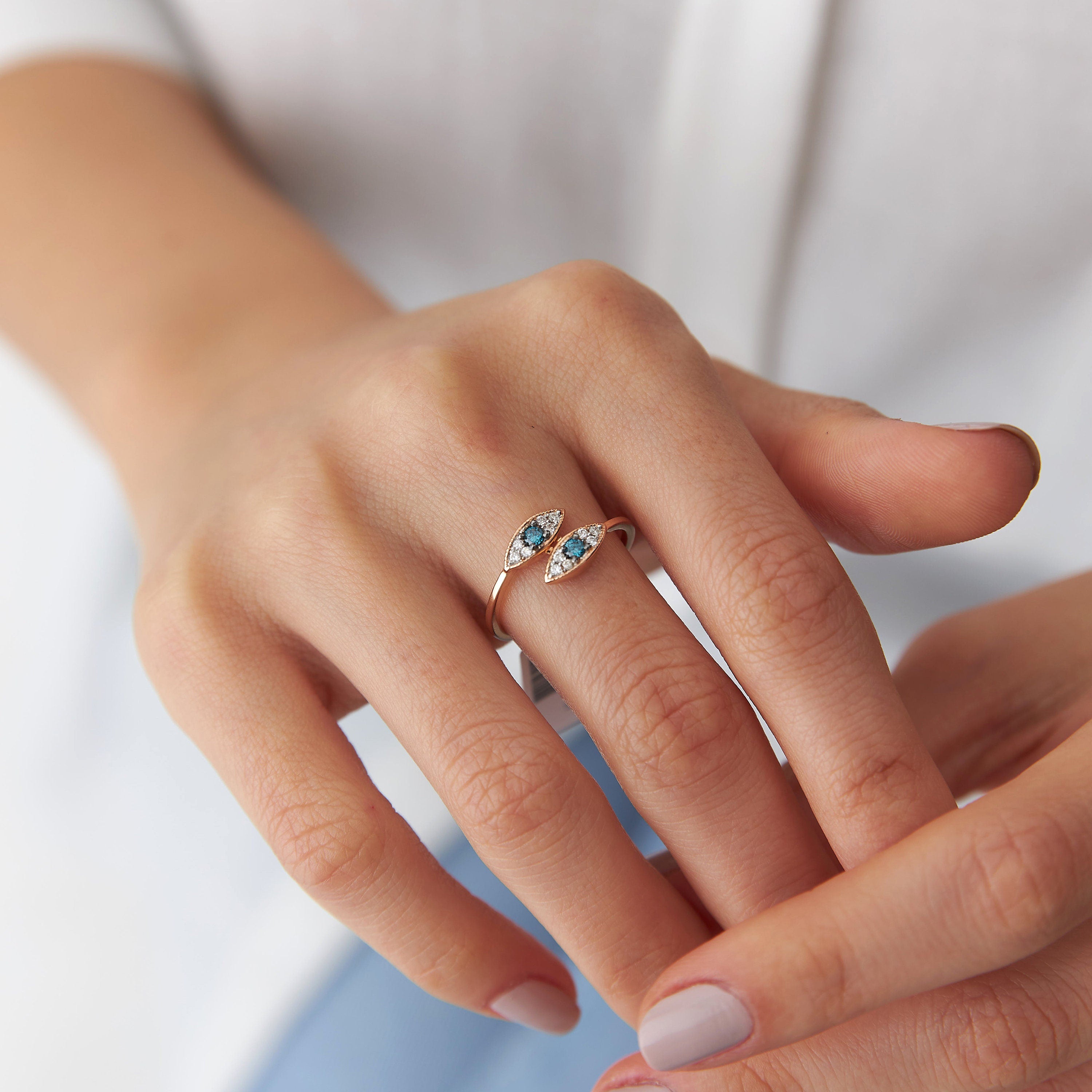 14K Gold Evil Eye Ring With White and Blue Diamonds