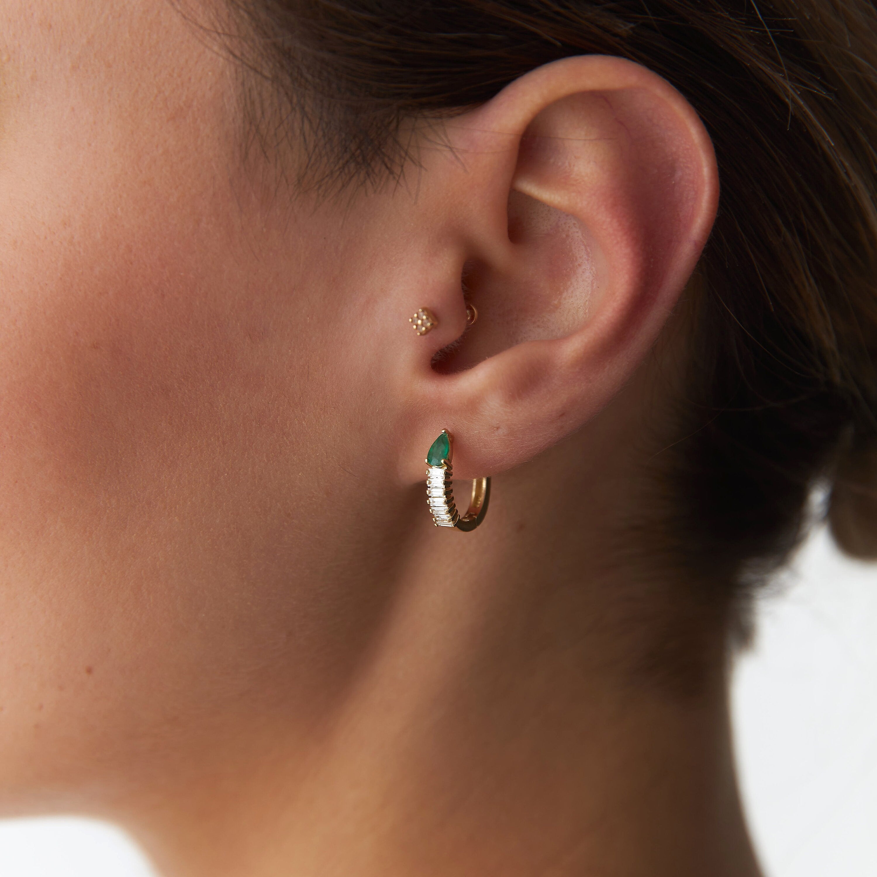 Emerald Earrings With Baguette Cut Diamonds Available in 14K and 18K Gold